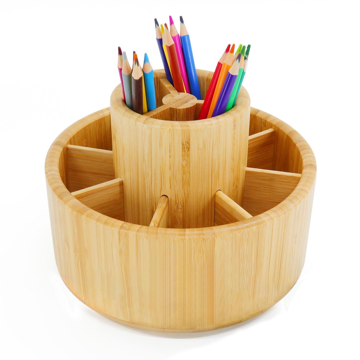 Utoplike Bamboo Pencil Holder,360 Degree Rotating Pen Organiser, Wooden Pen Pot and Storage for Art Supplies, Stationery and Makeup in School, Office Desk, Home, with 11 Compartments