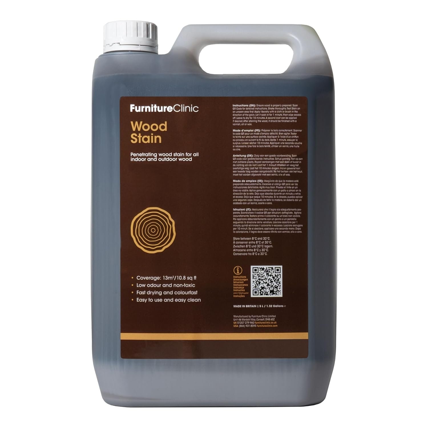 Furniture Clinic Wood Stain (Black) – Fast Drying, Highly Concentrated, and Easy-to-Apply Wood Stain for All Indoor & Outdoor Wood – Water Based & Non-Toxic – 5L