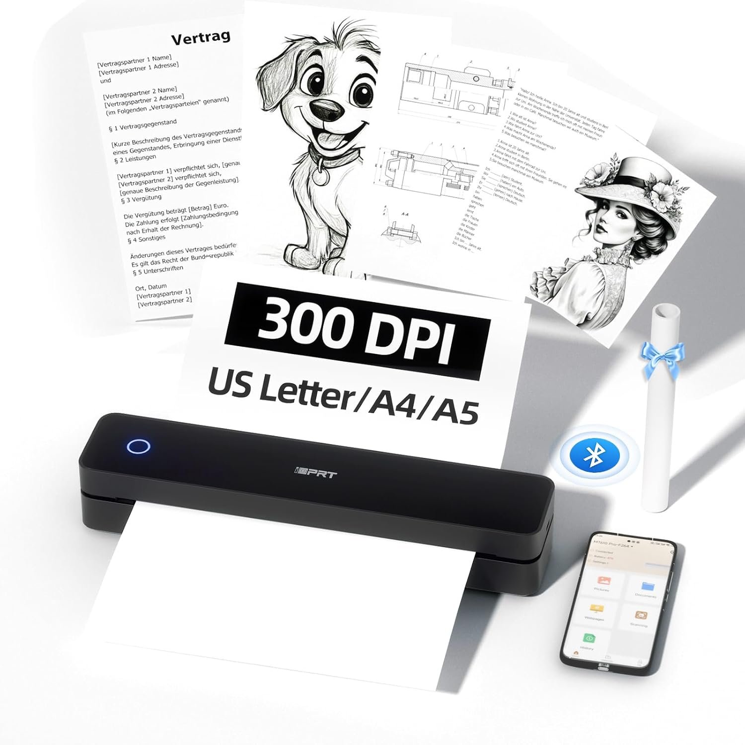 iDPRT Portable Thermal Printer A4 Inkless Wireless Printer for Travel Bluetooth 300 DPI Compatible with Phone&Laptop, Small Mobile Receipt Printer for Home Use, Office,School,Black