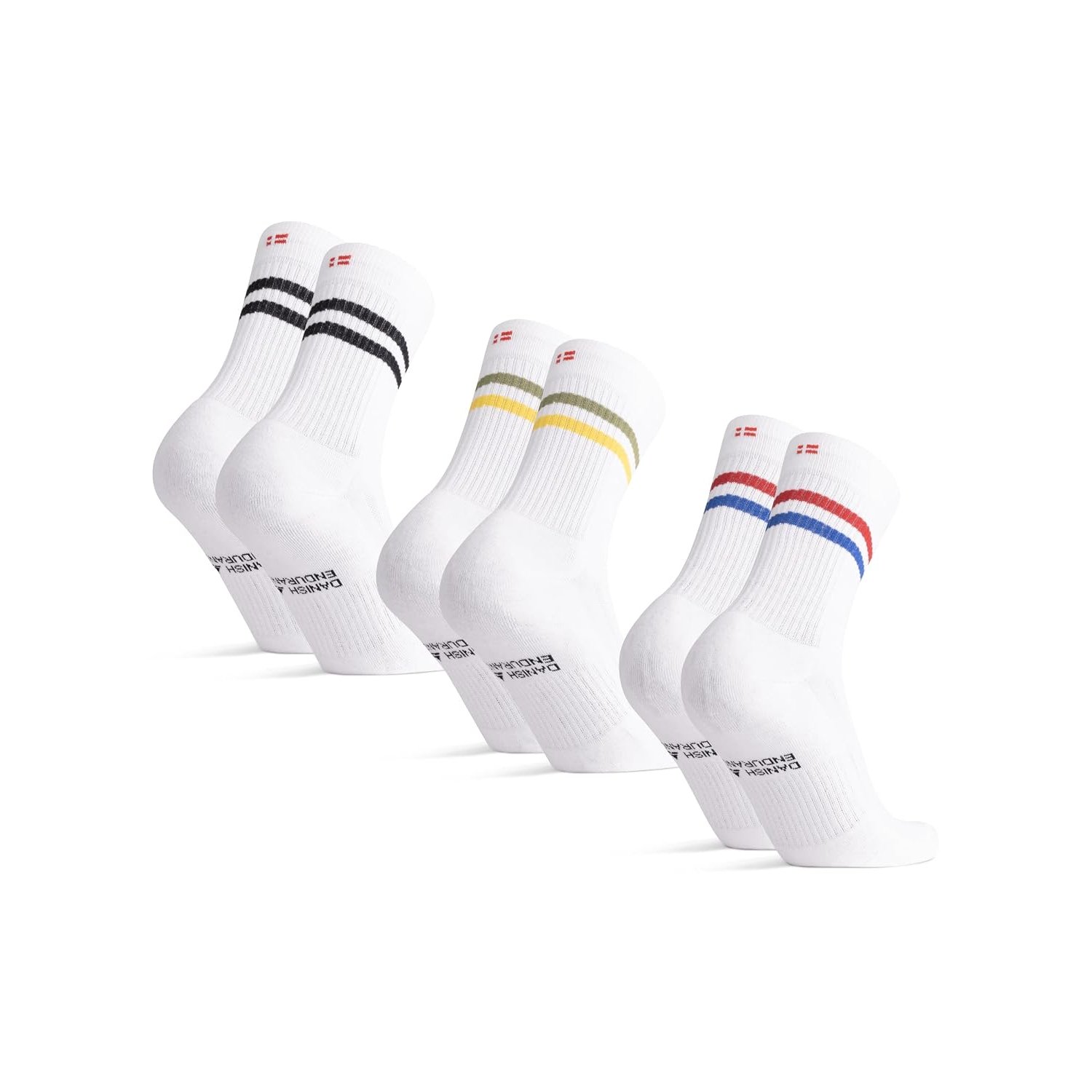 DANISH ENDURANCE Tennis Crew Socks, Cotton Sports Socks, Cushioned for the Gym, for Men & Women, 3 or 6 Pack, White Multicolor (1x Black Stripes, 1x Green/Yellow Stripes, 1x Red/Blue Stripes), 9-12