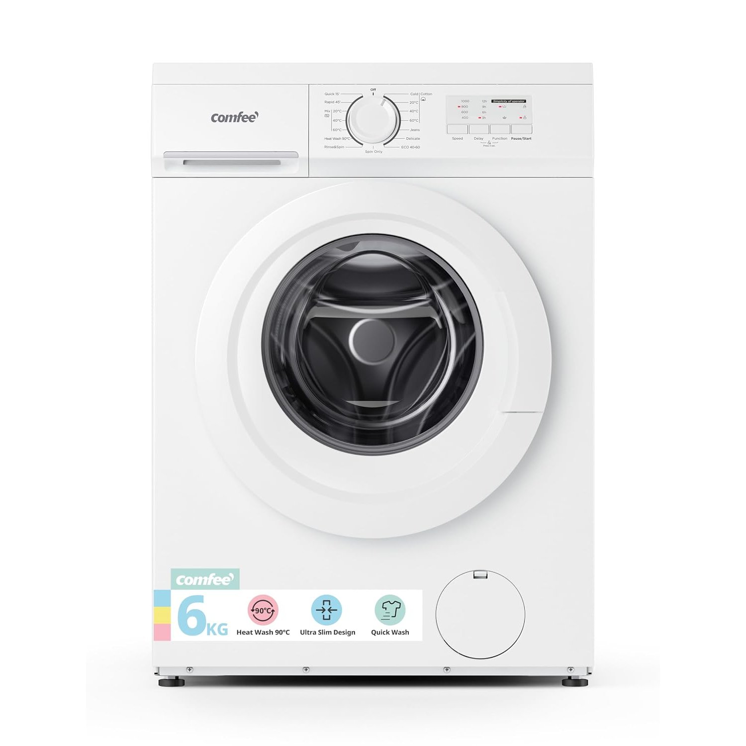 COMFEE' Freestanding Washing Machine,6KG Load,Heat 90℃,Quick Wash,15 Washing Programs,White-CFE10EW60/W