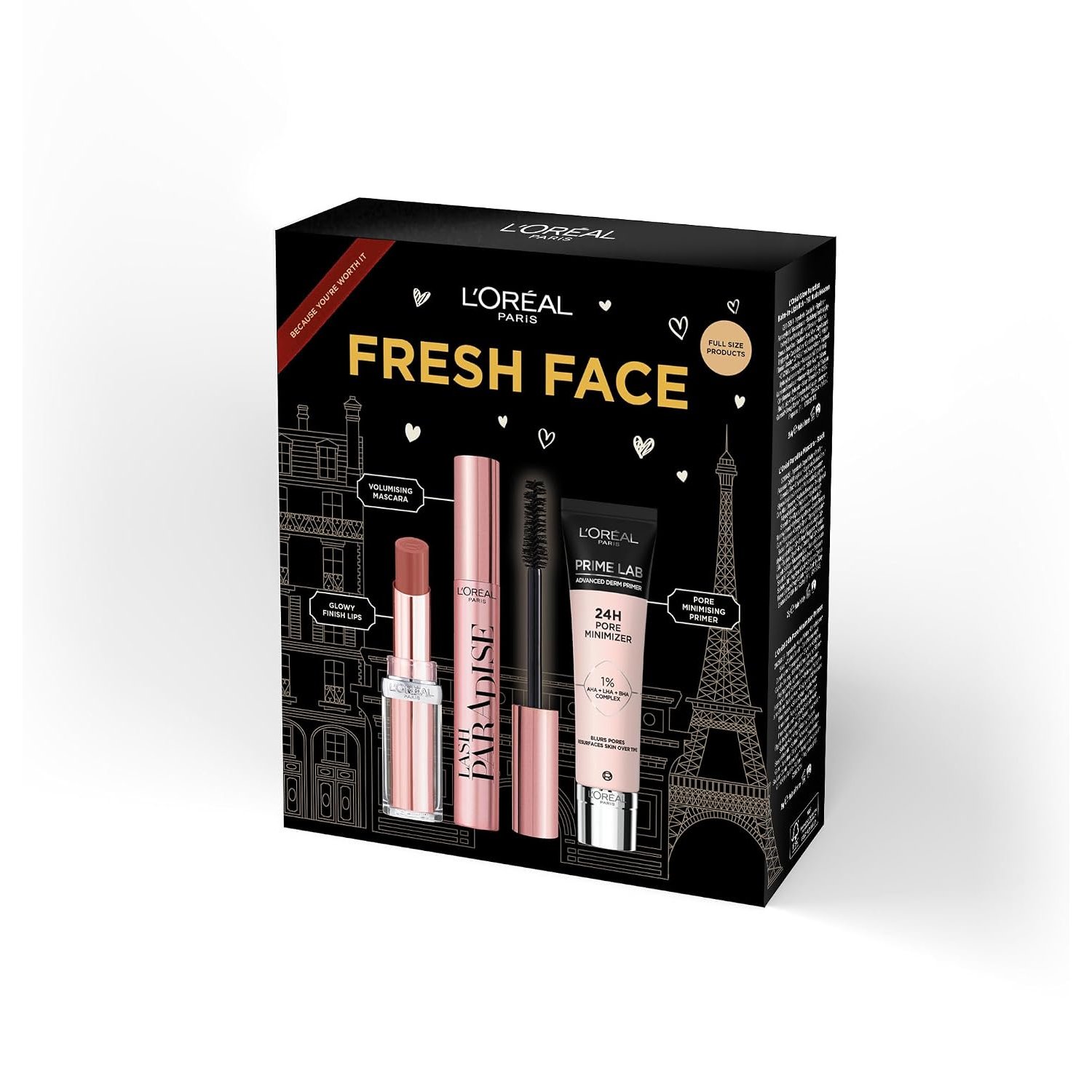 L'Oréal Paris Fresh Face Primer, Lipstick & Mascara Trio Gift Set Prime Lab 24H Pore Minimiser Primer, Hydrating Balm-In-Lipstick In 191 Nude Heaven & Lash Paradise Mascara Enriched With Castor Oil