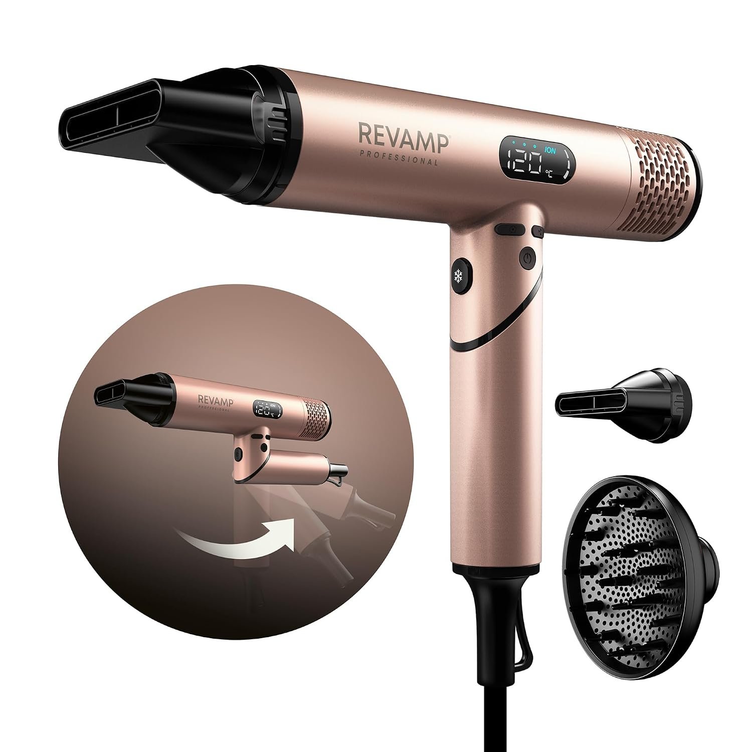 REVAMP Dynamic Radiance X Shine Ionic Portable Hair Dryer, Brushless Motor for Quiet, Powerful, Fast Drying - Lightweight, Easy Travel, Cold Setting - 3 Magnetic Attachments for Professional Styling