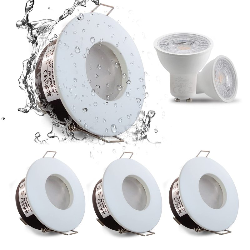 4XSweier IP65 Waterproof LED Recessed Ceiling Lights, 5W Warm White 3000K LED Spot, Suitable for Bathroom and Kitchen spotlights (Configure GU10 Lamp Holder) Downlight Cut-Out 68mm