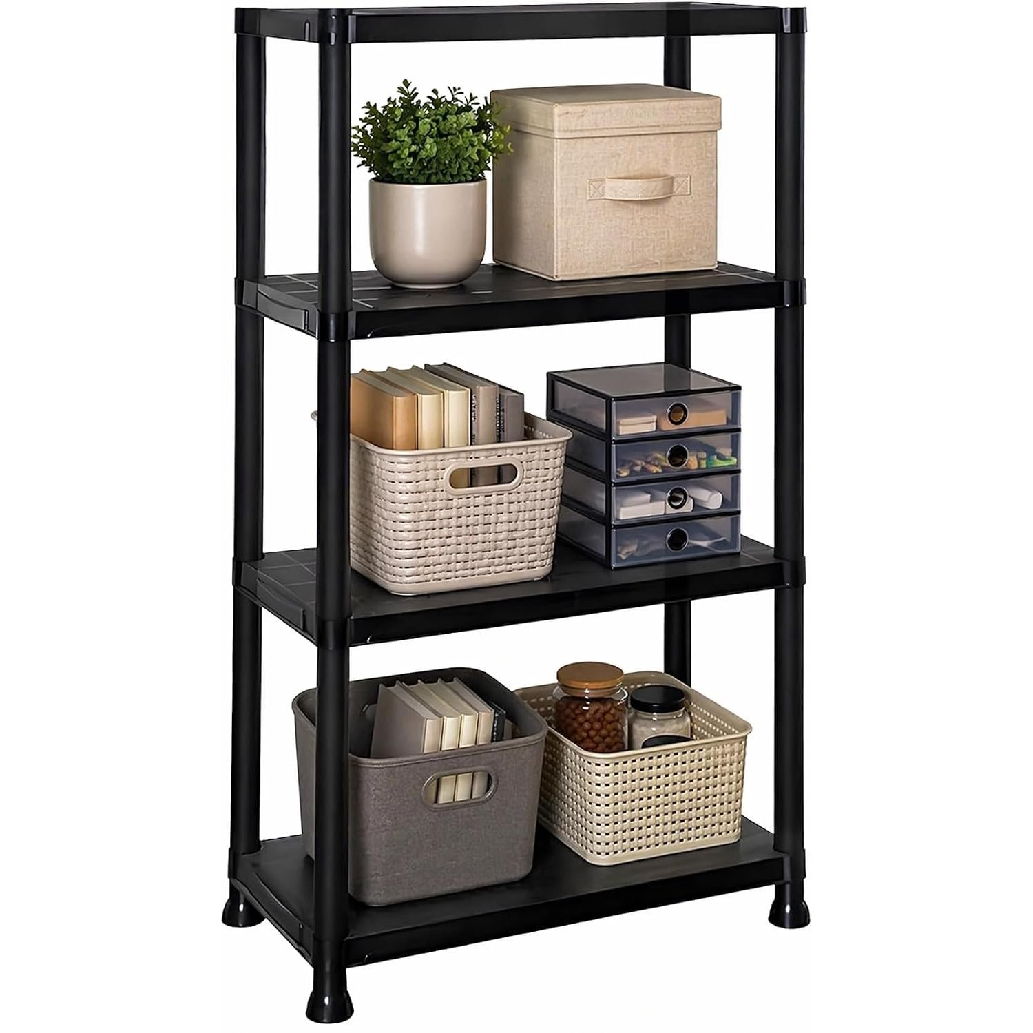 DIVCHI 4 Tier Plastic Storage Shelving Unit | Heavy Duty Shelf Rack for Home, Garage, Office & Utility Room | Shelf Rack (Black)