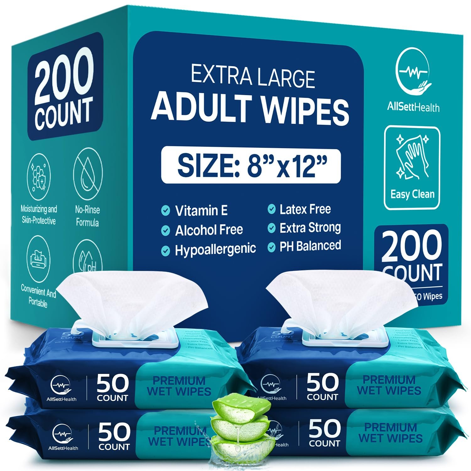 Wet Body Wipes for Adults Bathing No Rinse - Wet Wipes for Elderly 8" x 12" (200 count) Shower for Adults No Rinse, Incontinence Disposable Washcloths, Aloadue Vera, Vitamin E +4 Indivdual