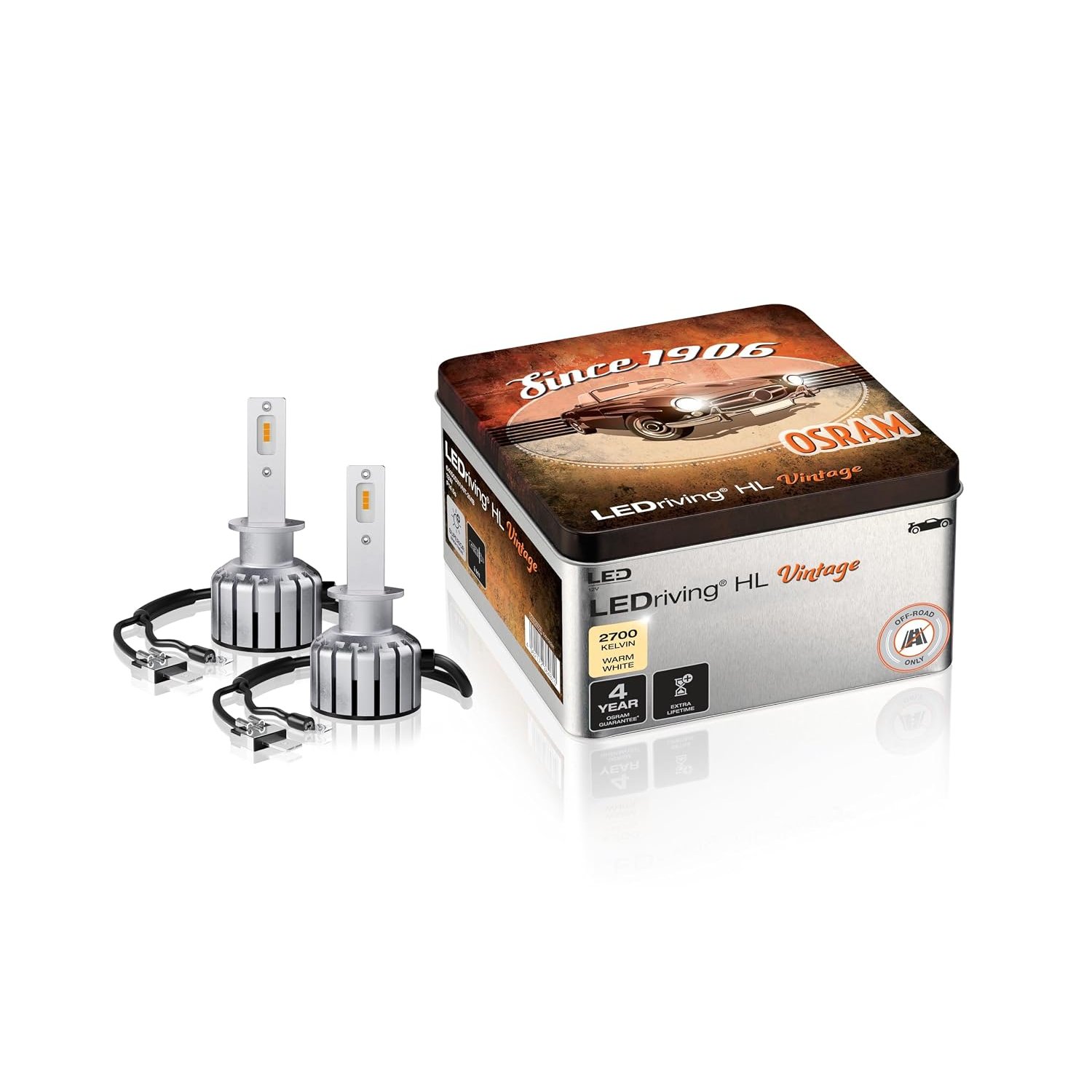 OSRAM LEDriving HL VINTAGE, ≜H1, LED High/Low Beam Lamps, Off-road only, non ECE, 2700K, metal box (2 lamps)