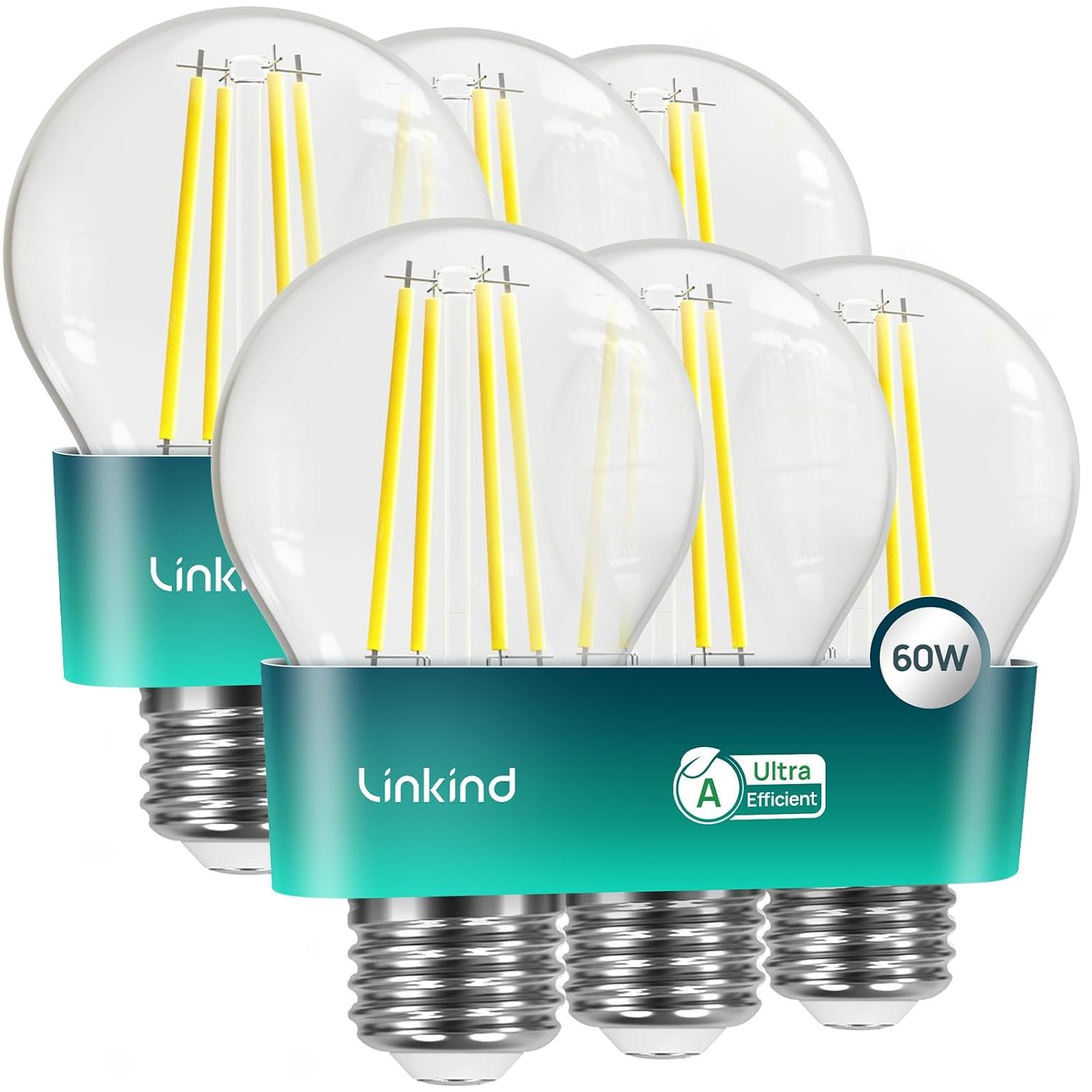 Linkind E27 LED Bulb, Energy Class A 3.8W=60W Equivalent, 2700K Warm White 806lm, Edison Screw in Light Bulb, Clear Glass Vintage Filament LED Bulb, 50000H Lifespan, 6 Pack