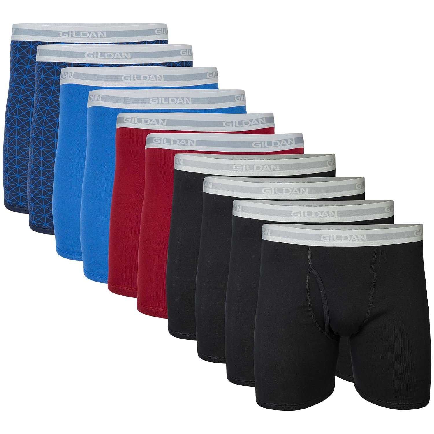 Gildan Men's Underwear Boxer Briefs, Multipack, Black/Garnet/Royal/Diamond (10-Pack, Classic Length), XXL (Pack of 10)