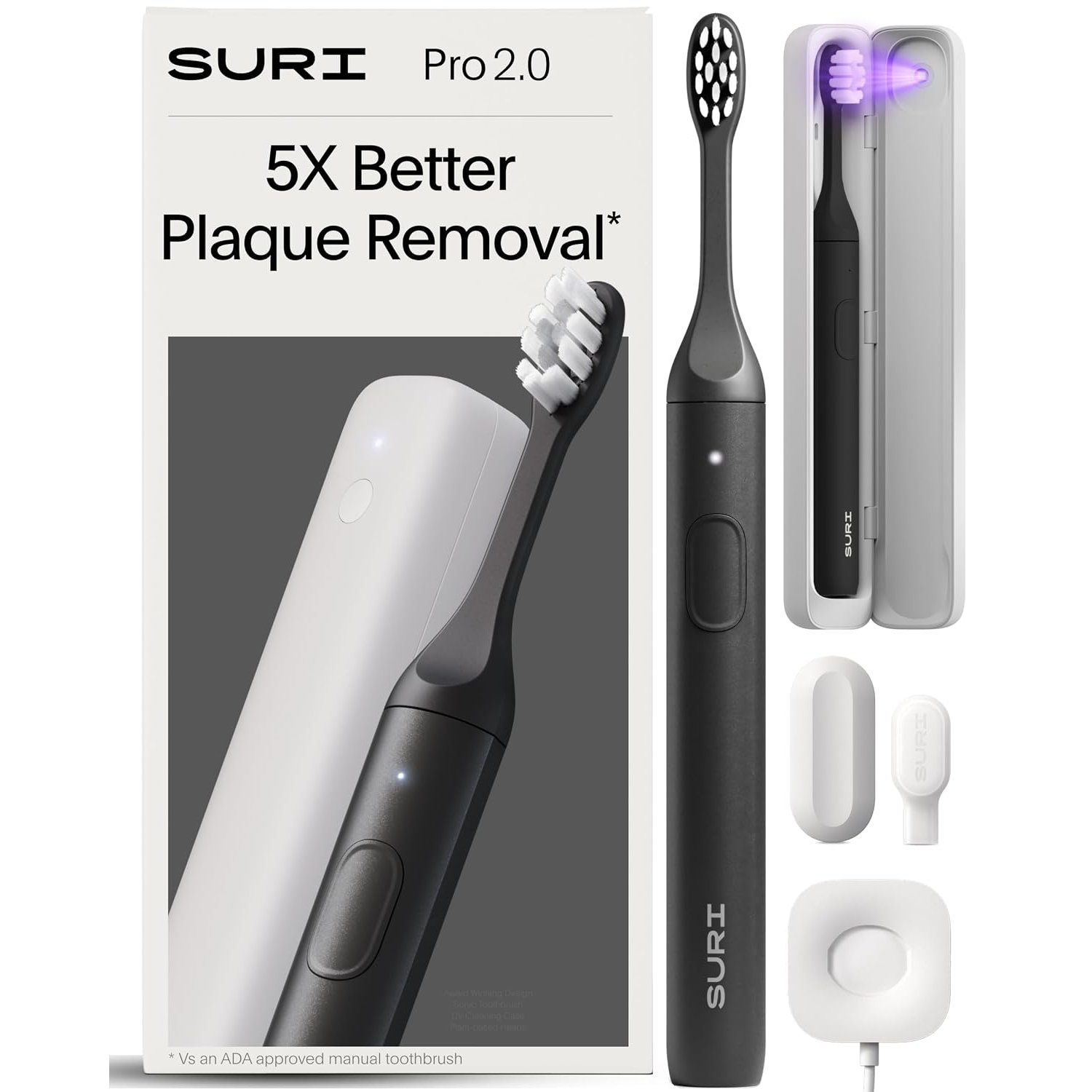 SURI 2.0 NEW Sonic Electric Toothbrush | Pressure Sensor & UV-Cleaning Travel Case | 1 Month+ Battery | Designed in London | Electric Toothbrush for Adults | Travel Toothbrushes | Tooth Brush | Black
