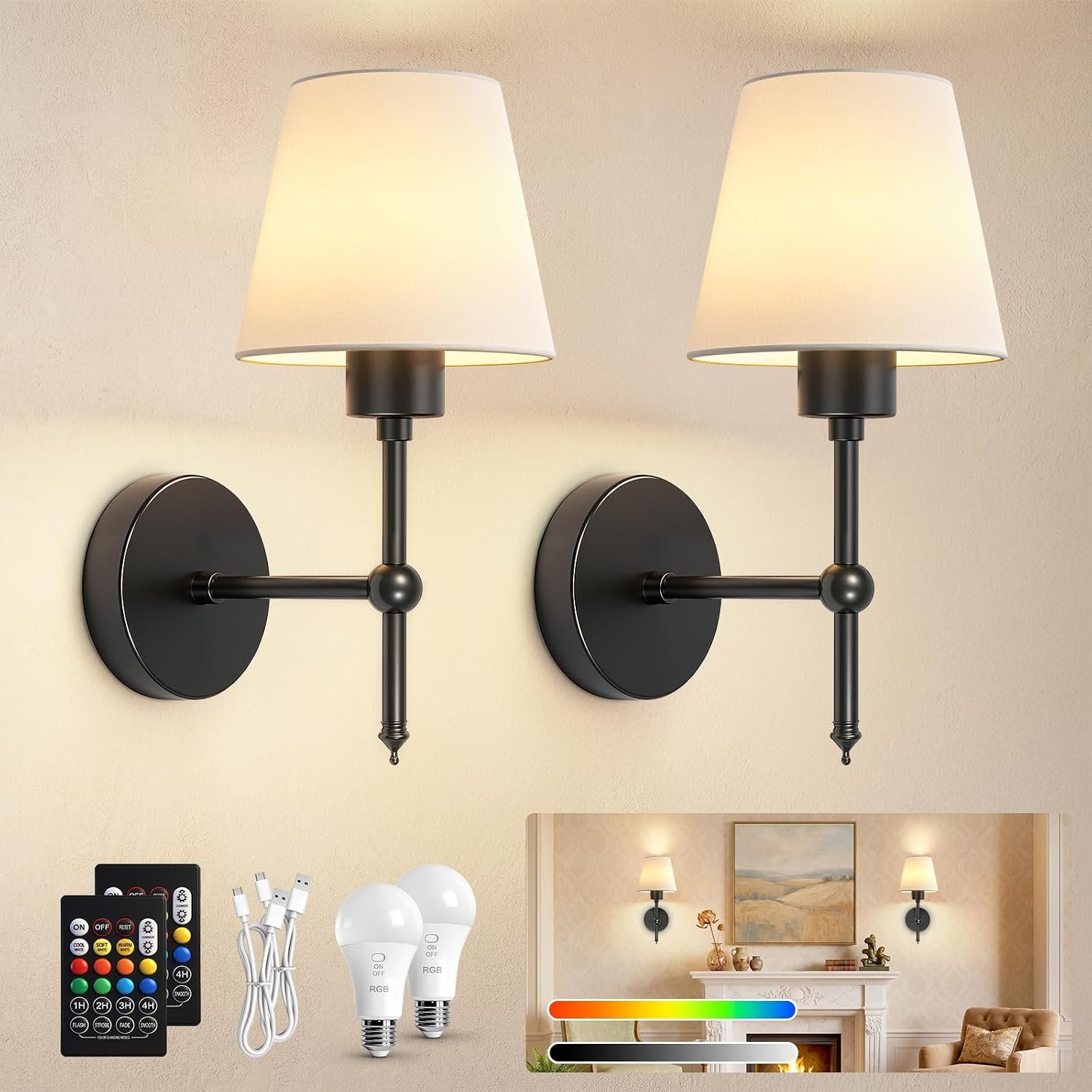 Ketom Rechargeable Wall Lights Set of 2, Battery Wall Lights Indoor with Remote, 3 Color Temperature, 8 RGB Colors Dimmable, Wireless Sconce for Bedroom Living Room Hallway, Fabric Shade, Black