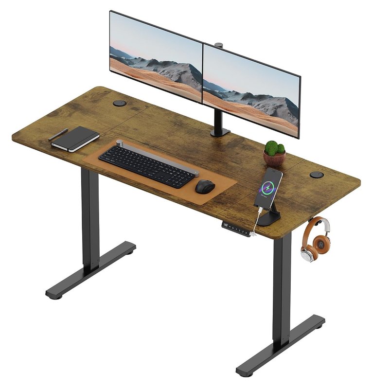 VonHaus Electric Standing Desk, USB-C Charging Height Adjustable Sit Stand Desk with Anti-Collision, Height Preset Technology & Cable Management, Dark Wood Four Piece Desktop & Steel Frame, 140x60cm
