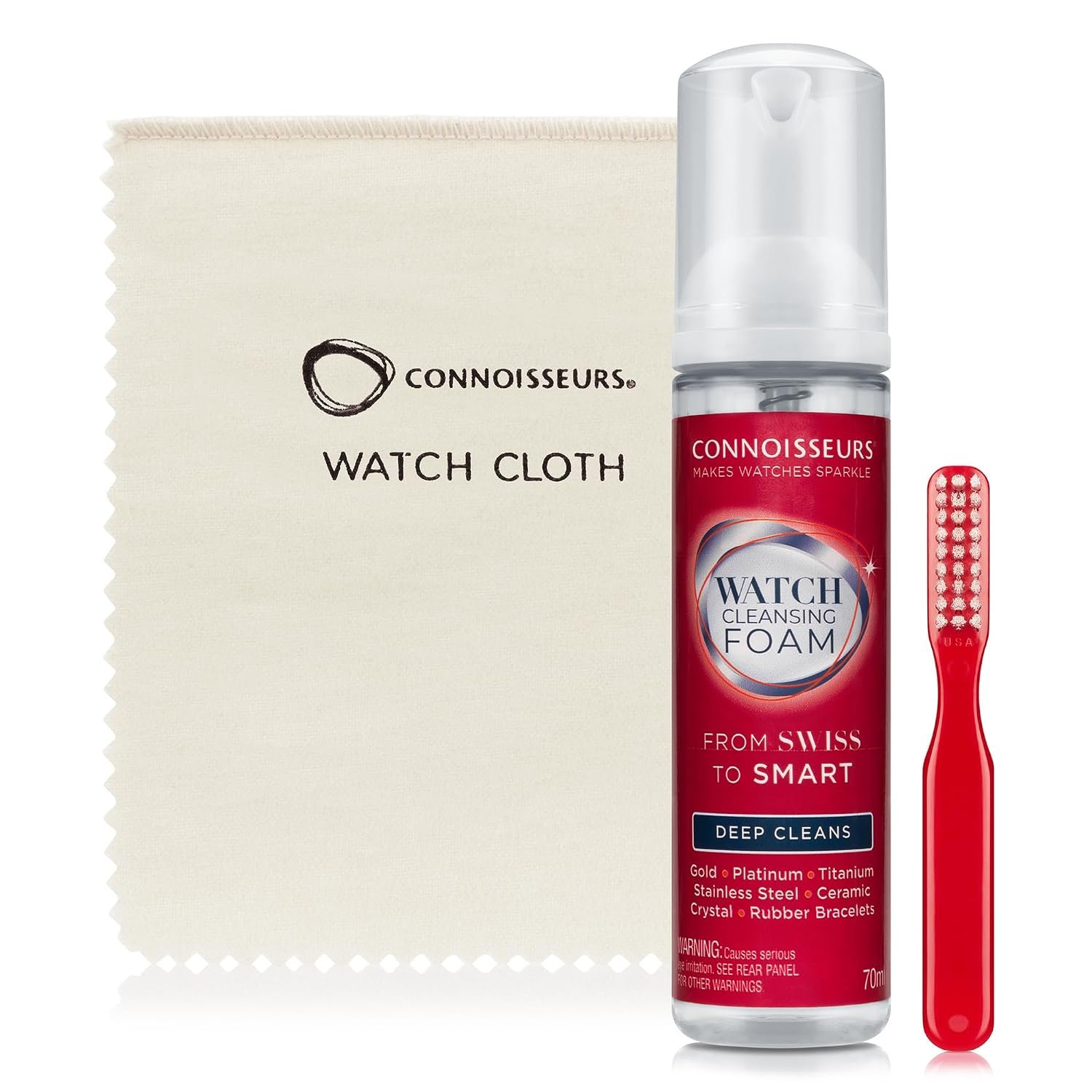 Connoisseurs Watch Cleaning Kit | Watch Cleaner Foam & Watch Cleaning Cloth Bundle with Cleaner Brush | Polishing Cleaner for Removing Dirt & Cloth to Shine & Polish