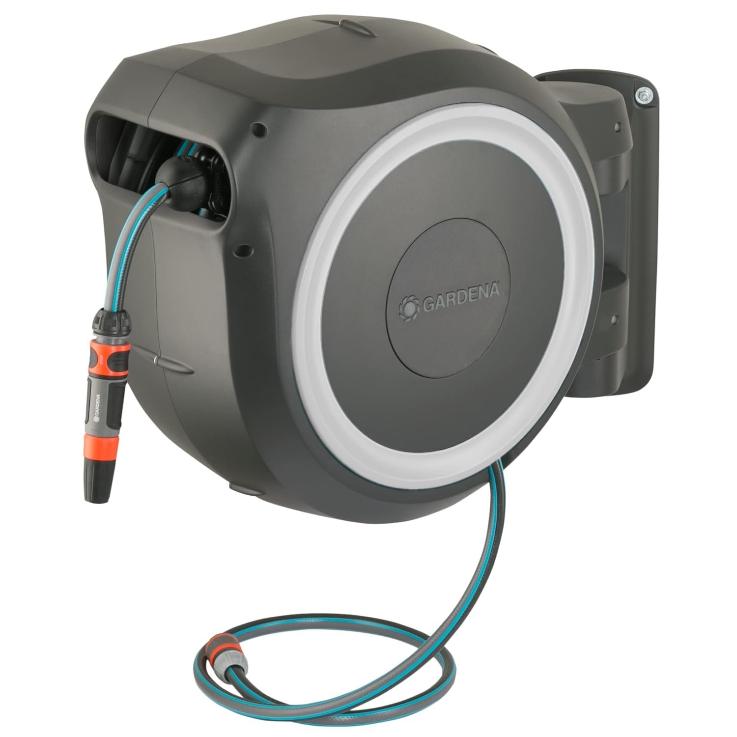Gardena Wall-Mounted Hose Box Rollup L (White) 30 m: Versatile Watering System for Large Gardens, Swivel Hose Box, Including 30 m Gardena Hose and mounting kit (18627-20)