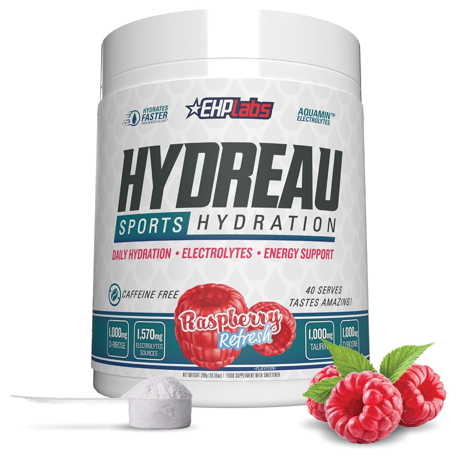 EHP Labs Hydreau Electrolytes Powder No Sugar - Hydration Powder for Endurance & Energy - for Men & Women - Sugar Free Electrolytes - (40 Serves, Raspberry Refresh)