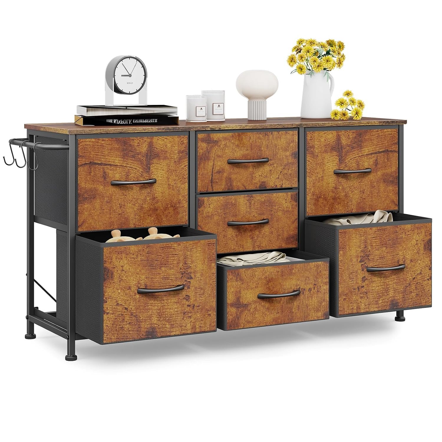 Chest of Drawers Bedroom - Hallway Rustic Clothes Storage Drawers - Living Room industrial Style Storage Unit with 7 Drawers - Vintage Fabric Wardrobe Dresser Metal Frame - Rustic Brown 100x30x55cm