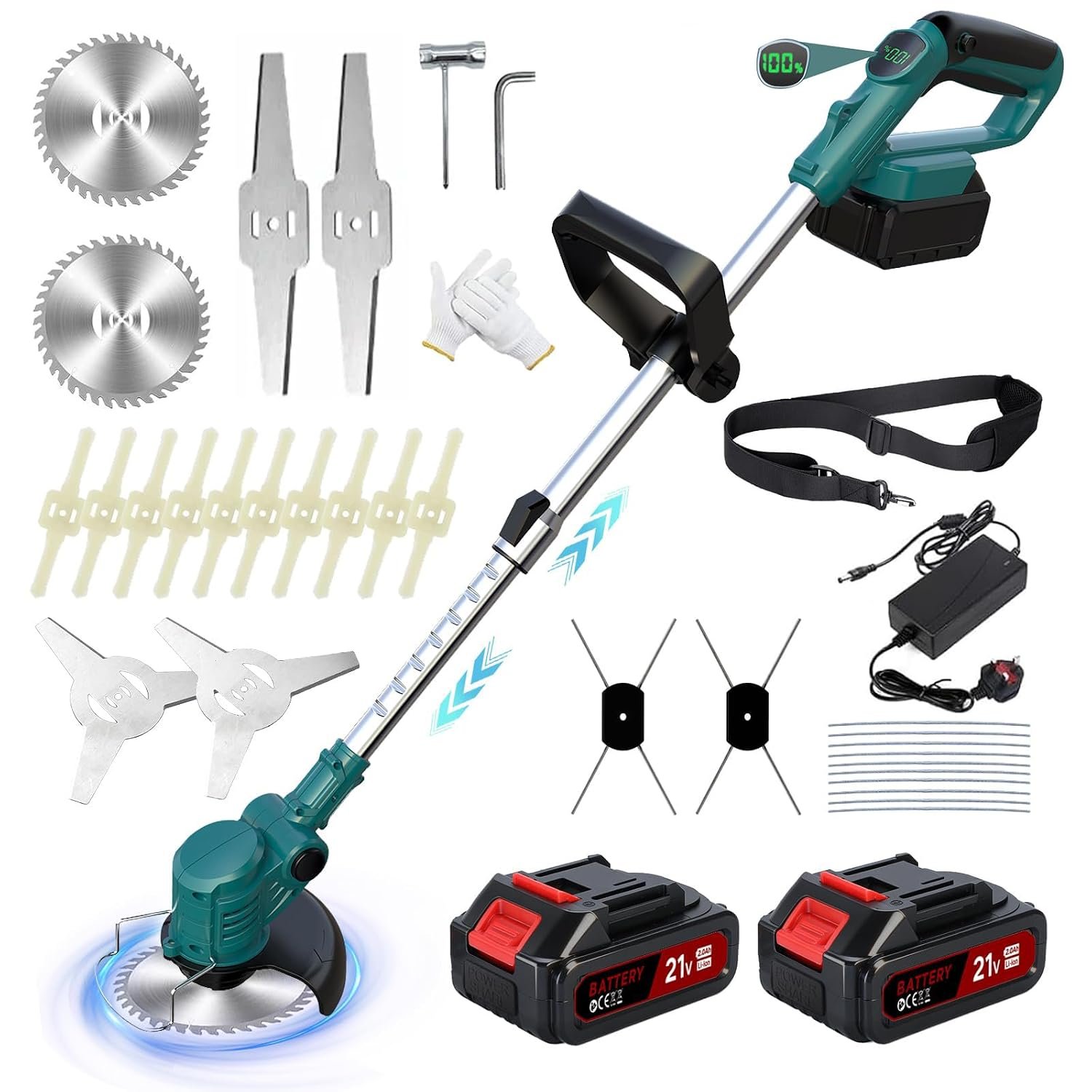 Garden Strimmer 21V, Cordless Strimmer 5 in 1 Strimmer Cordless with 2×2.0Ah Battery, Telescopic Cordless Grass Trimmer, Adjustable Battery Strimmer Brush Cutter for Lawn Garden, Blue