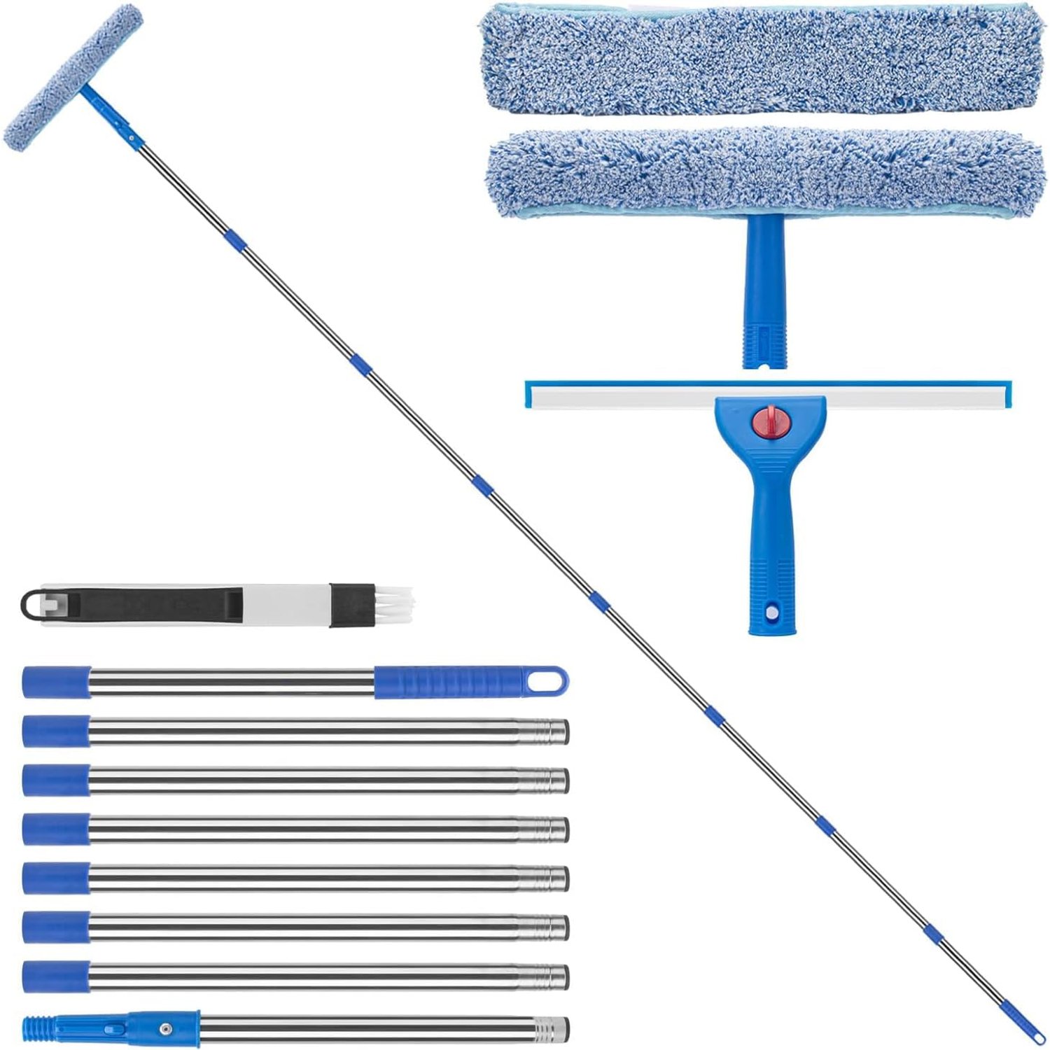 10Ft(3m) Professional Window Cleaning Kit,Long Handle Window Cleaning Equipment,Silicone Squeegee & Microfiber Scrubber, with Groove Cleaning Brush,for High Windows,Conservatory glass panels and roof