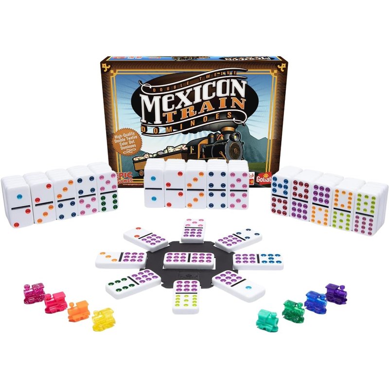 Goliath Games: Mexican Train Dominoes Game | Dominoes Set for Adults and Children | Contains 91 Dominos and 8 Unique Train Movers | For 1-8 Players Ages 6+