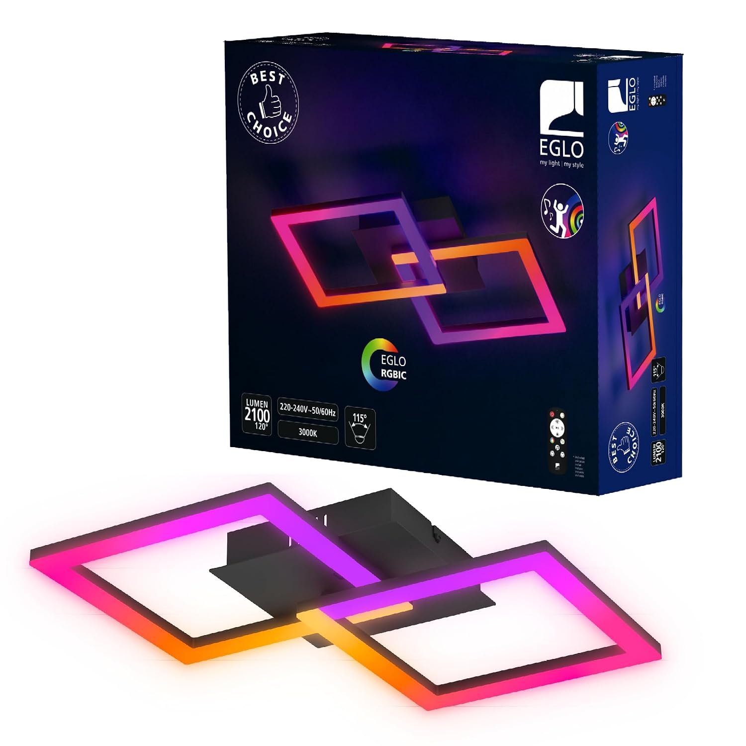 Eglo LED Ceiling Light Fitting RGBIC, Geometric Ceiling lamp with Light Effects, Gaming Room and Party Decoration, Lighting with Remote Control, Warm White and RGB, Black Metal