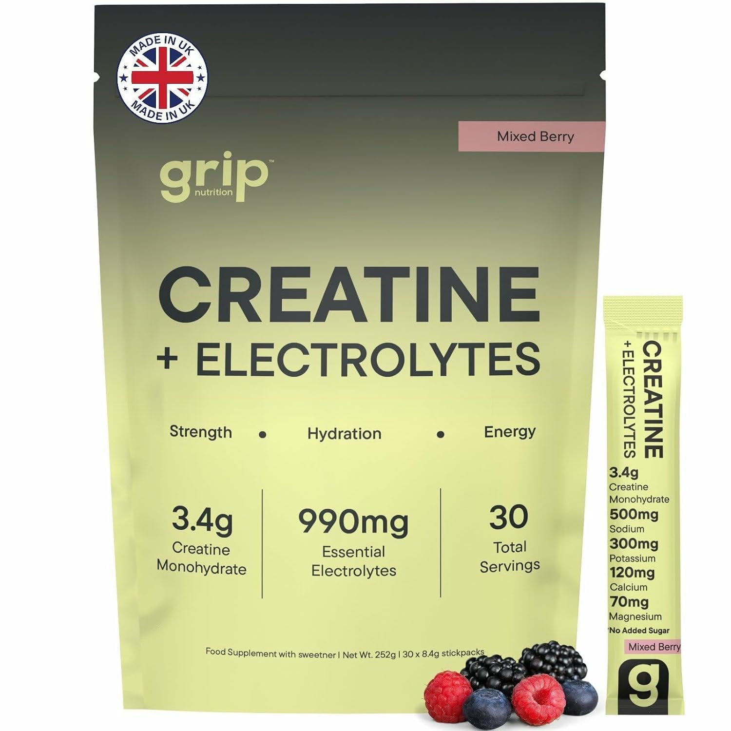 Creatine and Electrolytes Powder | Creatine Monohydrate with Electrolytes for Women & Men | Hydration & Performance | Mixed Berry Flavoured Travel Sachets | 30 Servings