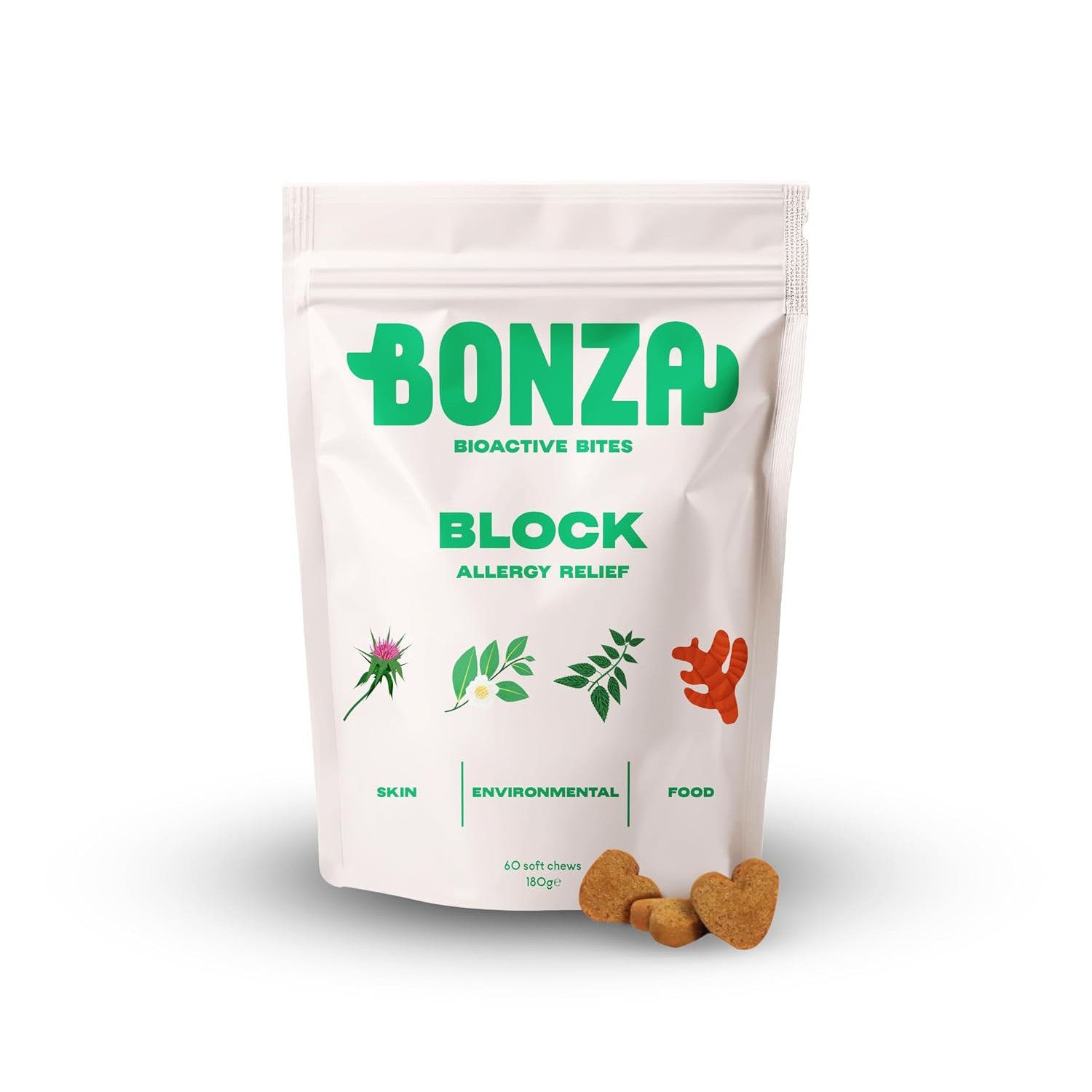 Bonza Bioactive Bites for Dogs – Allergy & Skin Support – Itchy Skin Relief Chew with Botanicals, Omega-3, Probiotics & Prebiotics – Natural Antihistamine, Soothes Skin & Supports Coat – 60 Soft Chews