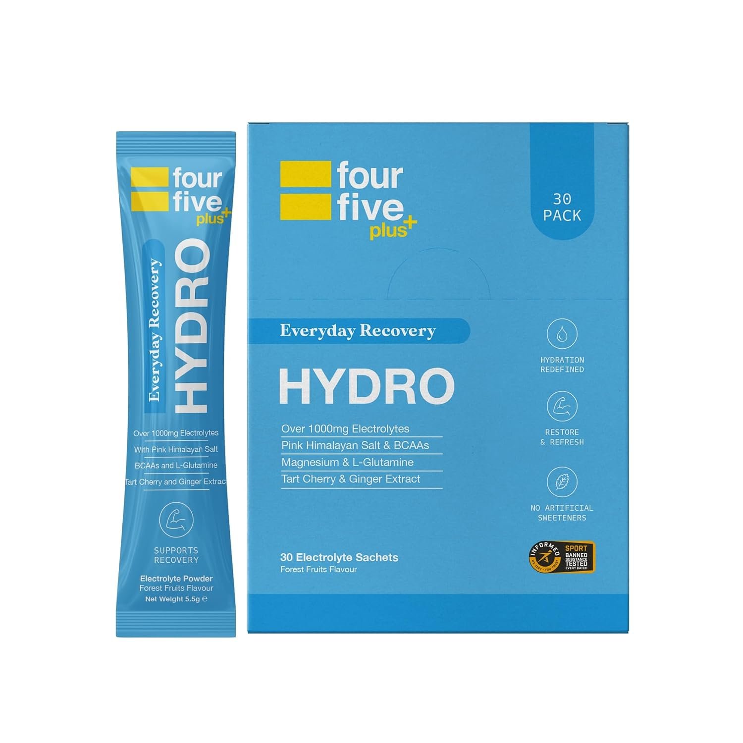 fourfive Hydration Sachets (Recovery Blend) Hydro Electrolytes Powder with Vitamins, BCAAs & Cordyceps, for Enhanced Recovery - Forest Fruits, 30 Sachets