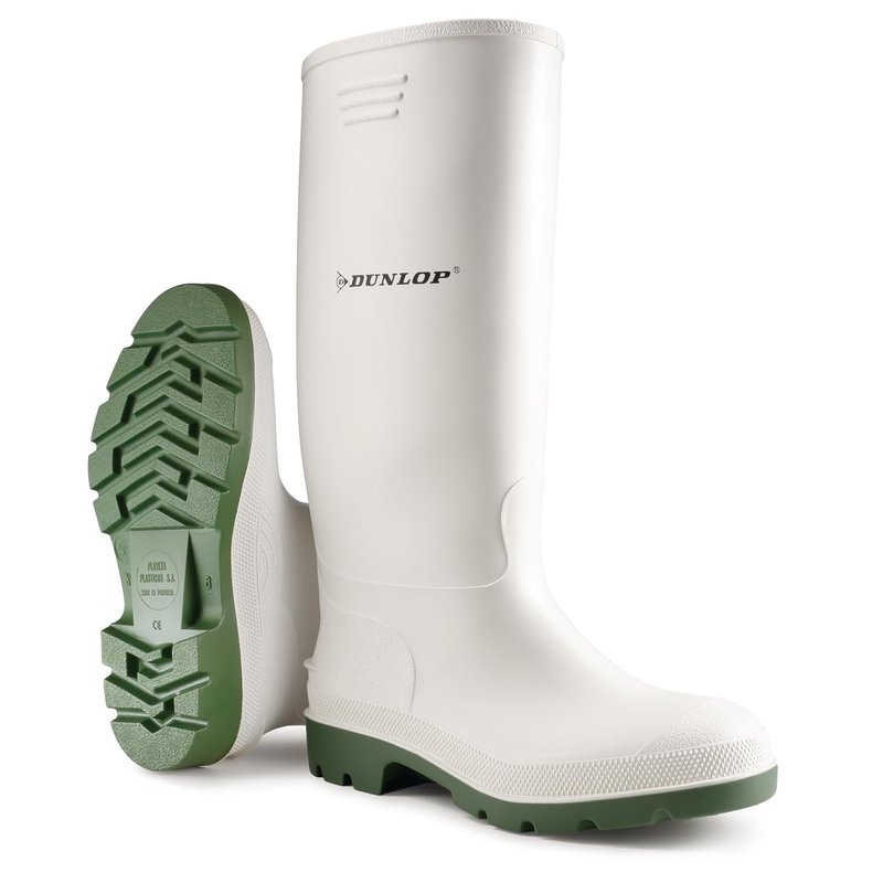DUNLOP Pricemastor - Unisex Knee High Wellington Rain Boots, White, CE Certified Waterproof and Chemical Resistant PVC Wellies with Oil Resistant Outsole for Outdoor and Gardening - EU43, UK9