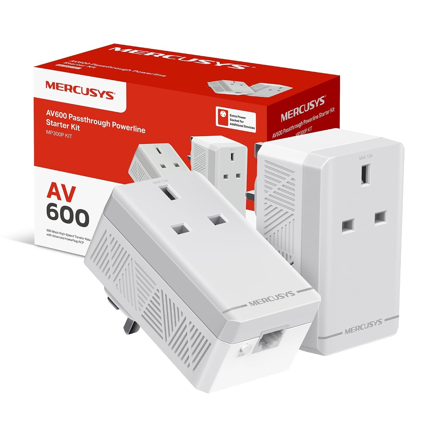 Mercursys MP300P KIT AV600 Powerline Adapter Starter KIT, Powerline Network Adapters with Extra Power Scoket,TP-Link Power Saving Powerline Network Adapters with Ethernet Port, Plug and Play