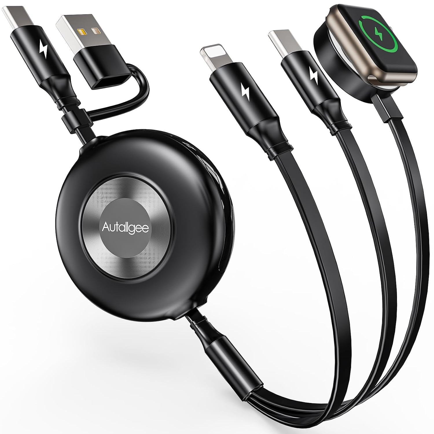 Retractable Multi Charging Cable, 3 in 2 Retractable Charging Cable for Apple Watch Charger/USB C/L, 110cm Retractable Chargers for Multiple Devices for iWatch Ultra/10-2/iP-hone 17-11/Samsung S25-S20