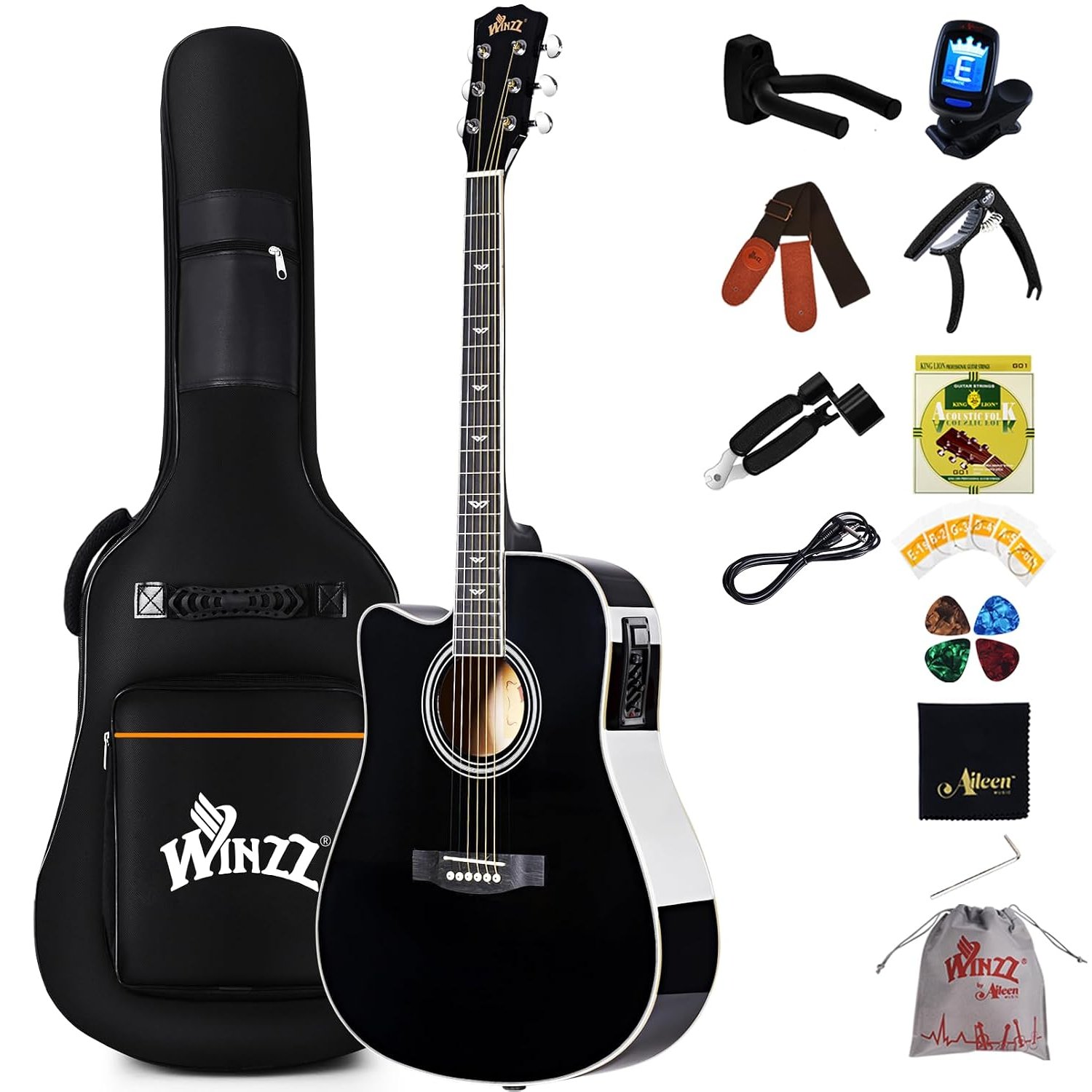 Winzz 4/4 Electro Acoustic Guitar, Left-Handed Western Guitar Set, Adult Beginners, Acoustic Guitar 41 Inch with 4-Band Equaliser (Dreadnought,Glossy Black)
