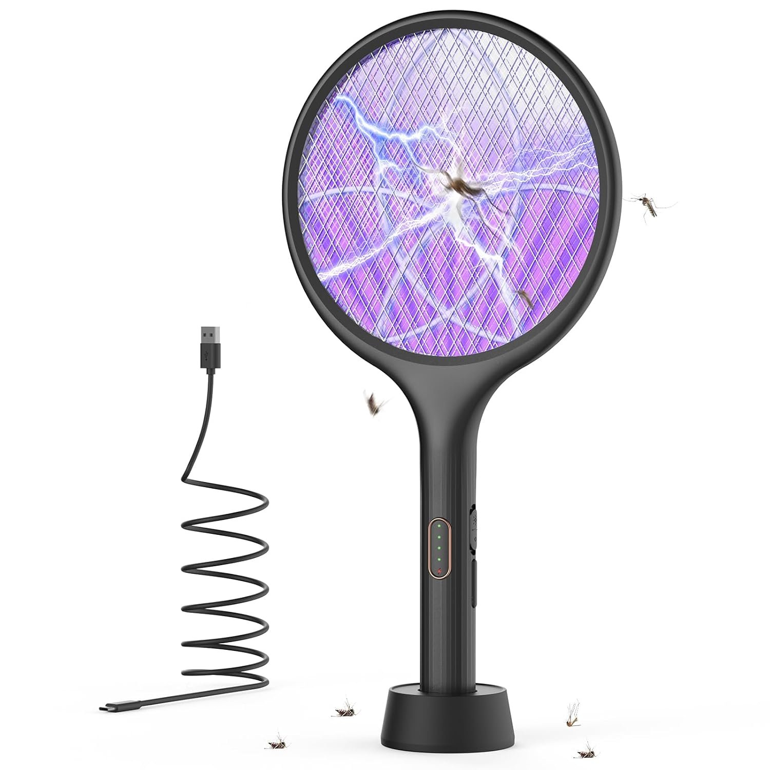YISSVIC Electric Fly Swatter 4000V Bug Fly Zapper Racket Mosquito Killer 1500 mAh 3 Layers Mesh with USB C Cable Stand Base for Indoor Outdoor