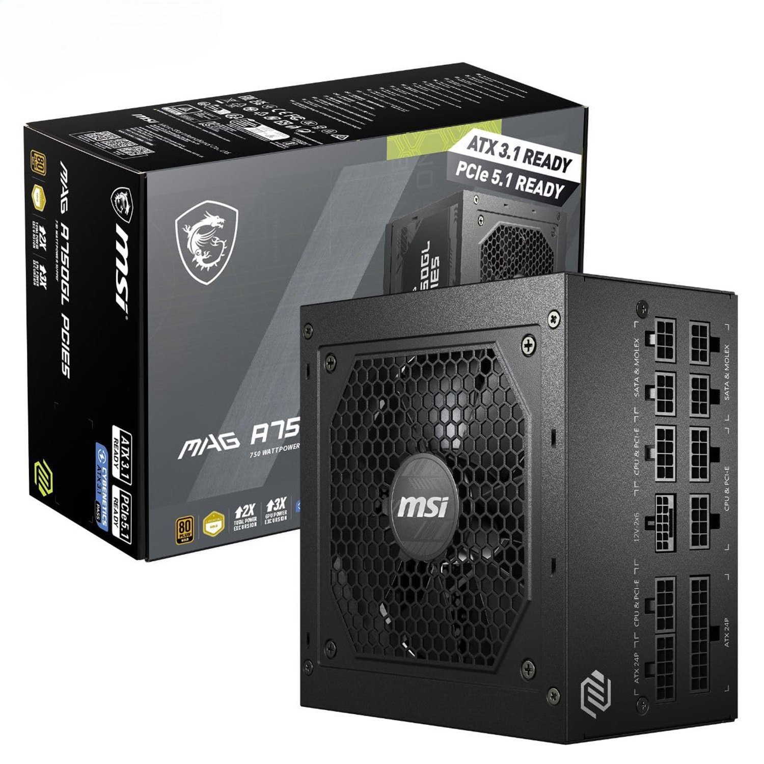 MSI MAG A750GL PCIE5 Power Supply Unit, 750W, 80 Plus Gold, Fully Modular, ATX 3.0, PCIe 5.0 GPU Support, 120mm FDB Fan, Full-Bridge LLC, Flat Black Cables - 7 Year Warranty