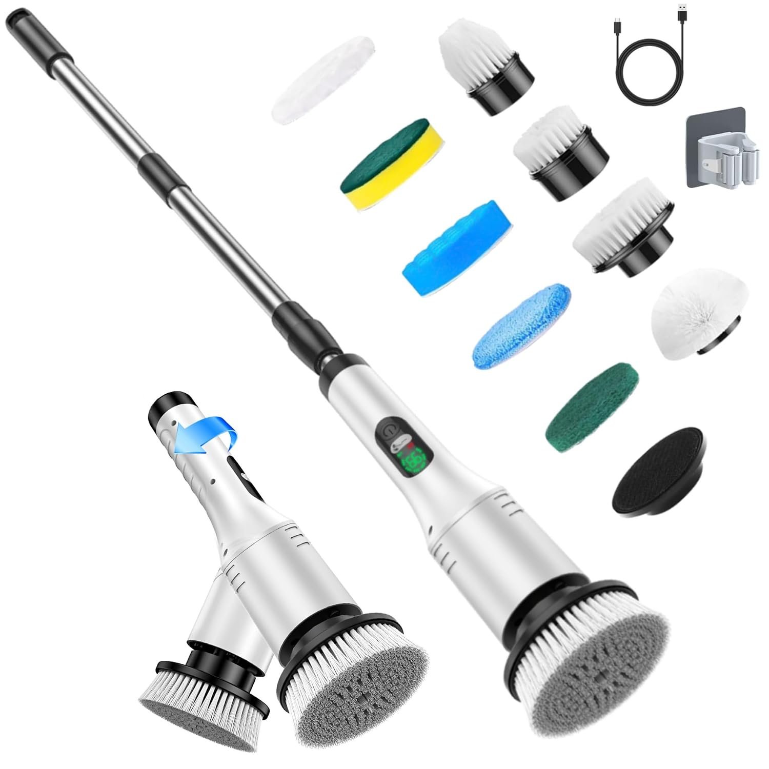 Electric Spin Scrubber, 2026 Upgraded Cordless Electric Cleaning Brush with 9 Replaceable Brush Heads,IPX6 Waterproof, Adjustable Angle, Extendable Long Handle, 2 Speeds for Bathroom,Kitchen,Tile,Car