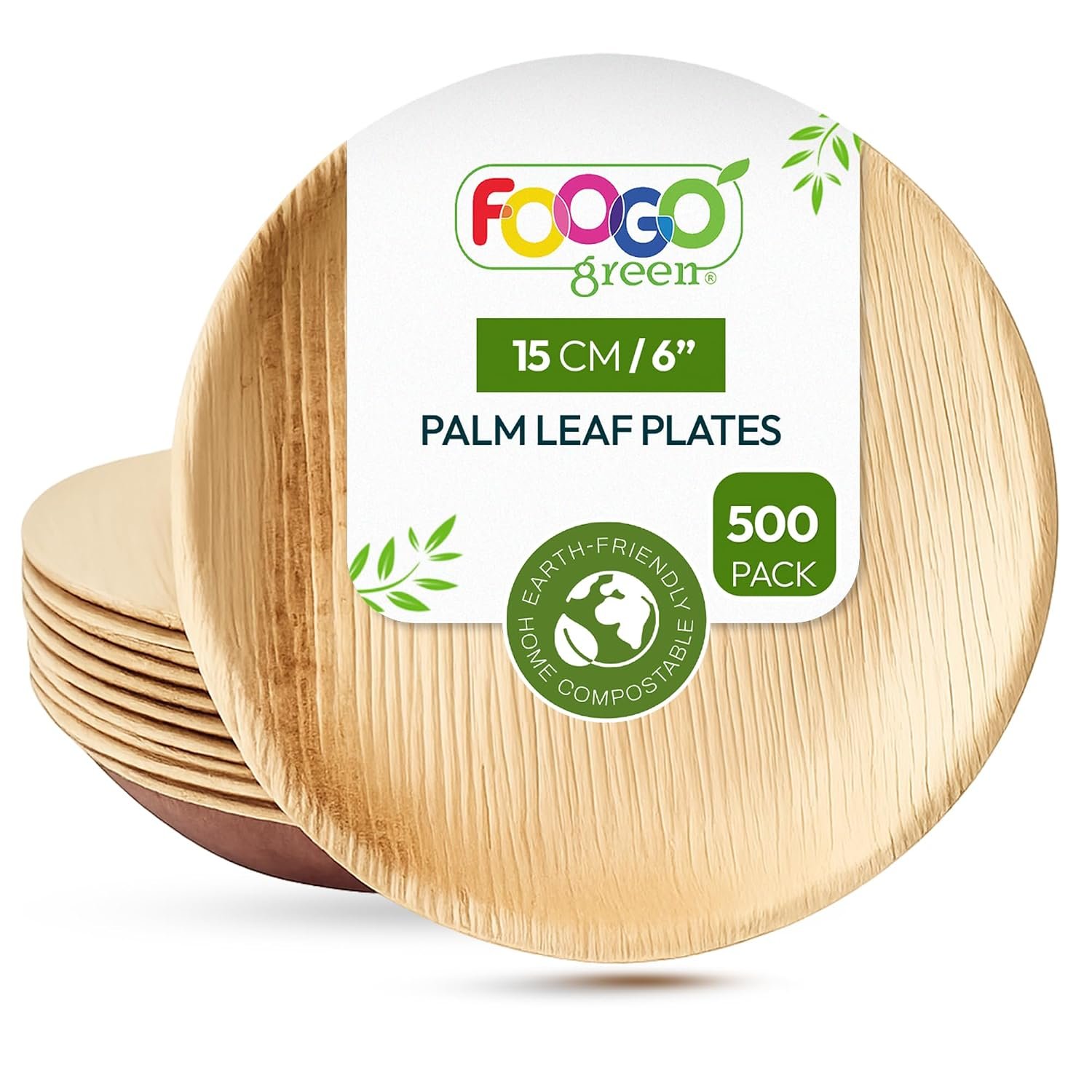 FOOGO Green 500pcs Disposable Palm Leaf Plates, 6" (15cm) Small Round, for Desserts, Eco Friendly Biodegradable Compostable Like Wooden, Bamboo, Paper Plates for Hot Food, Picnic Wedding Parties
