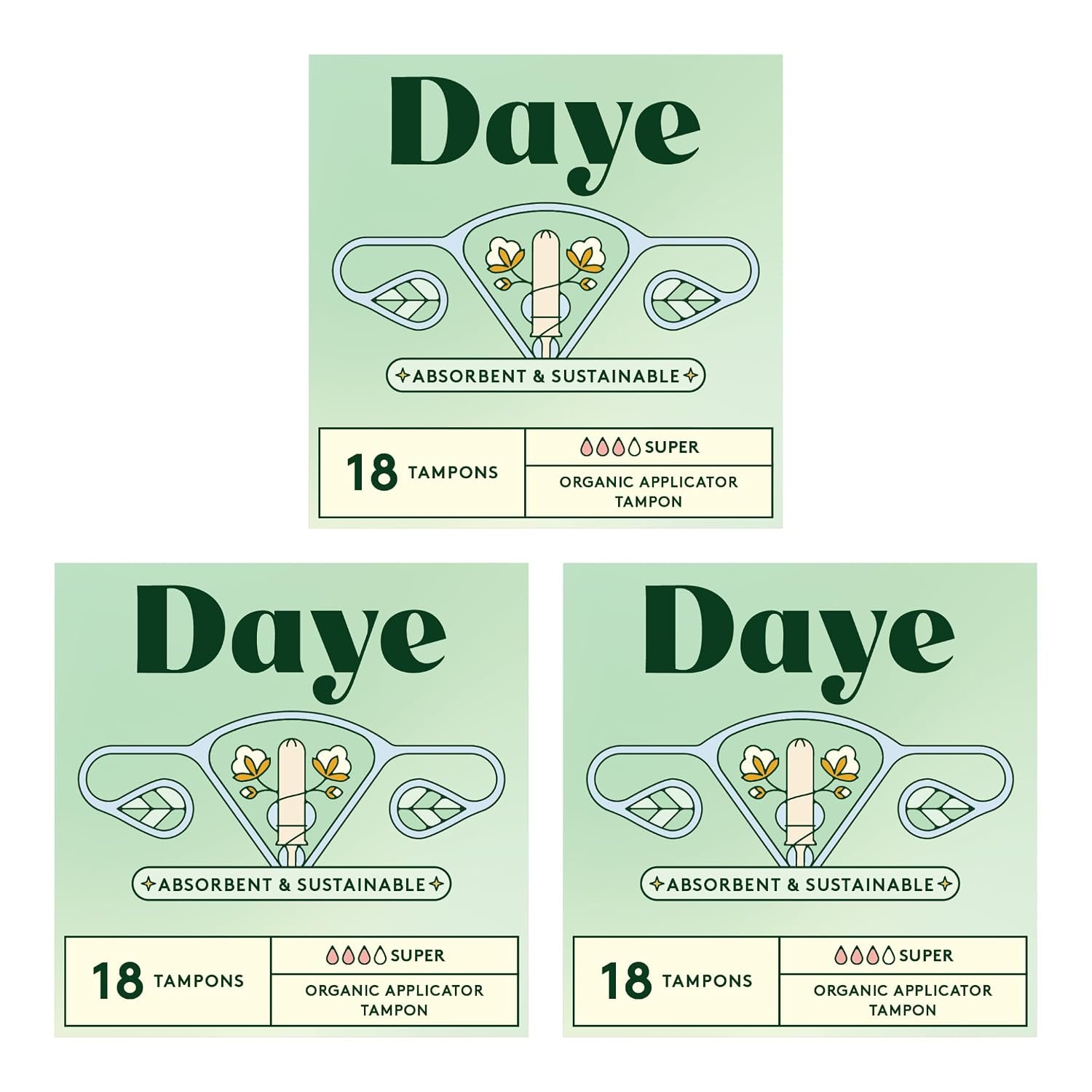 Daye Organic Tampons Super | 54ct | Pesticide & Metal Tested, 100% Organic Cotton for Heavy Flow | No-Shed Sleeve, Sugarcane Applicator