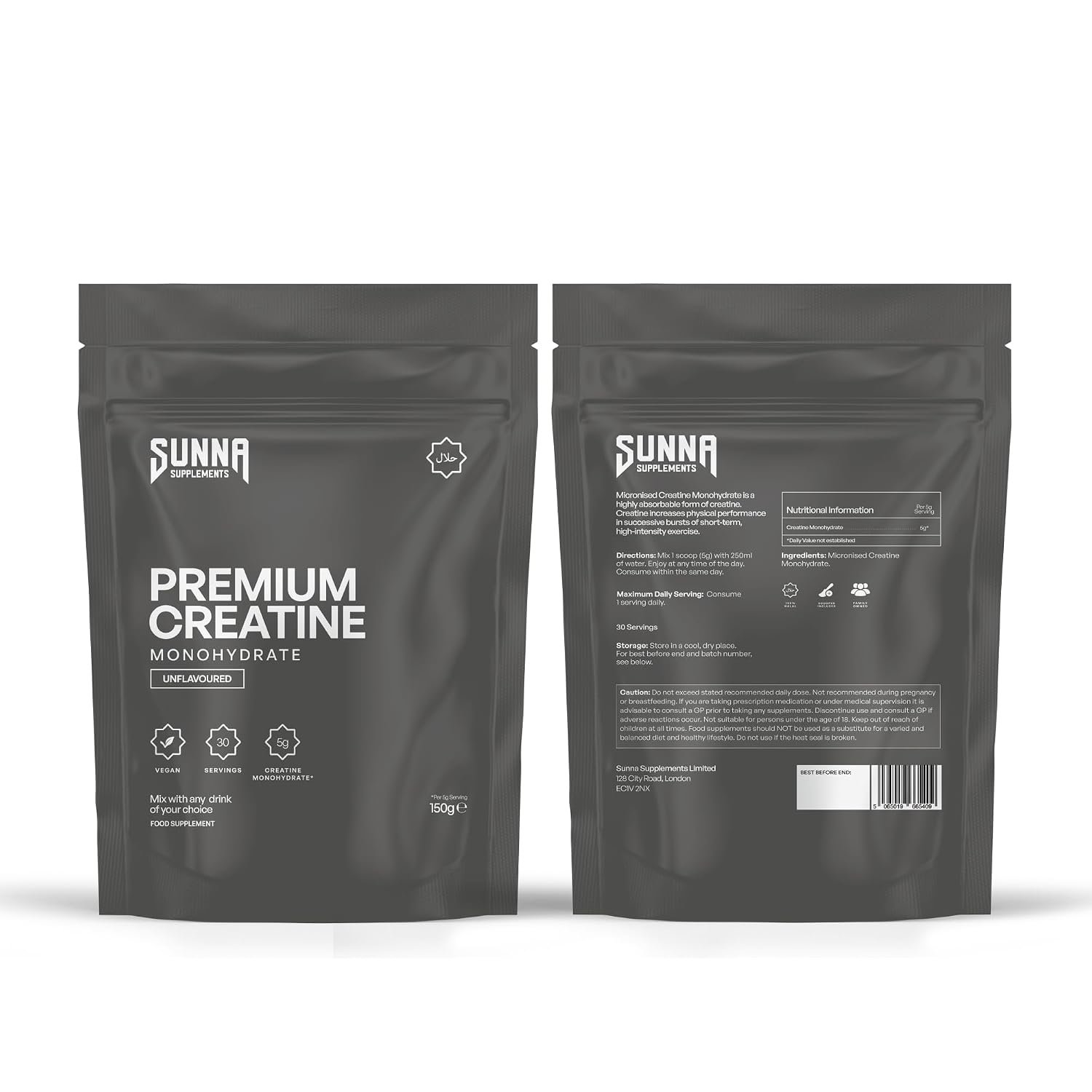SUNNA SUPPLEMENTS Premium Creatine Monohydrate 150 g – Micronised Unflavoured Powder – 5 g Per Serving – Vegan Food Supplement (30 Servings)