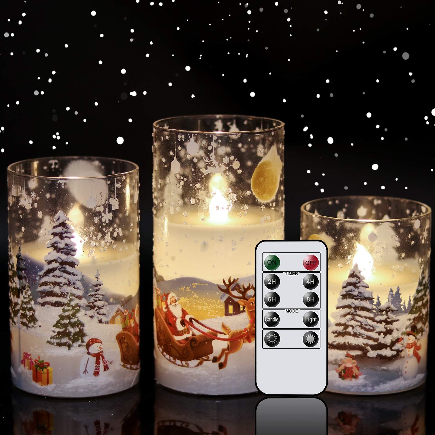 Eldnacele Christmas Santa Sleigh LED Pillar Candles Flickering Flameless Glass with Remote Control Timer Battery Operated Real Wax 3 Pack for Home Christmas Decoration