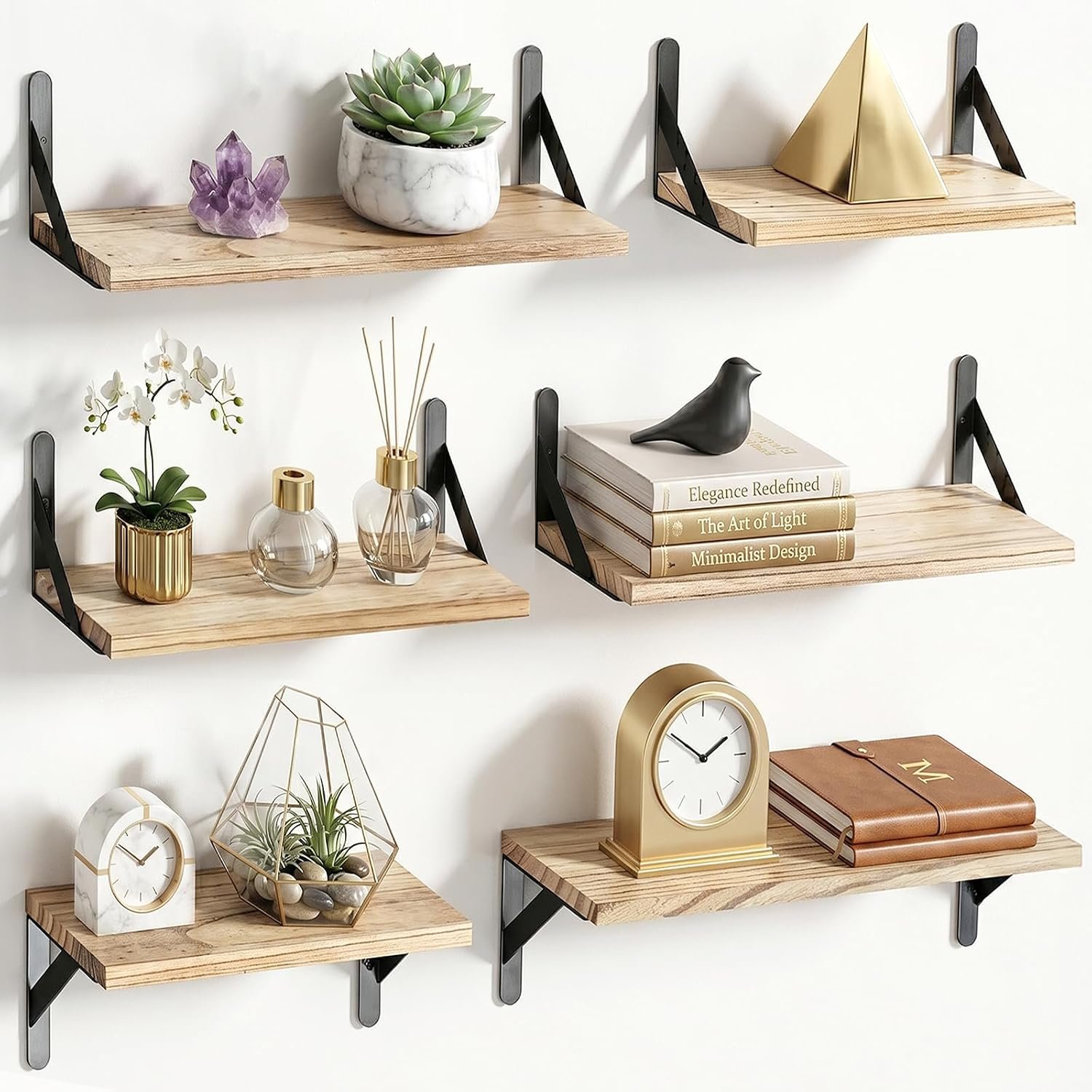 AMADA HOMEFURNISHING Wall Shelves Set of 6, Wood Floating Shelves for Wall Decor, Bathroom & Bedroom Storage, Living Room, Rustic Farmhouse Style