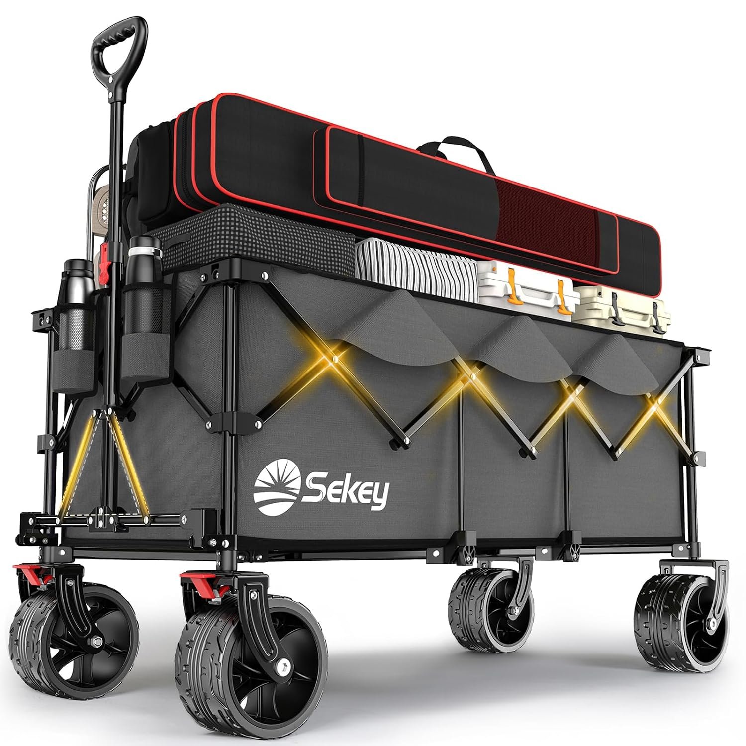 Sekey 300L Ultra-Large Folding Festival Trolley - All-Terrain Extra Wide Wheels and Brake, Heavy-Duty Cart Loadable up to 150KG, Patented Four-Directional Foldable Design, Collapsible Wagon, Grey