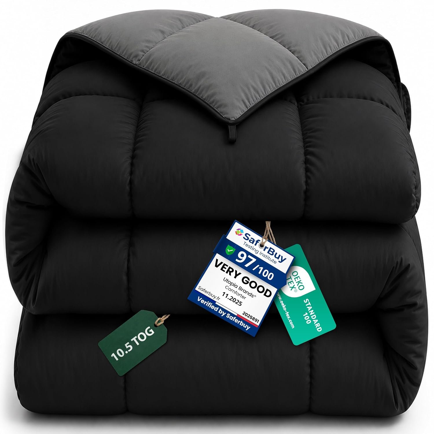 Utopia Bedding Down Alternative Reversible Comforter 10.5 Tog Duvet Insert Microfiber Box Stitched 220 x 230 cm - (King, Black/Grey)