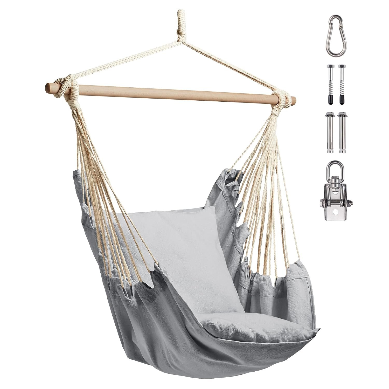 VonHaus Hanging Chair Outdoor with Attachments – Grey Garden Swing Seat & Hammock Chair, 1 Seater Rope Neutral Boho Style Portable Garden Seat for Garden, Patio, Terrace & Decking