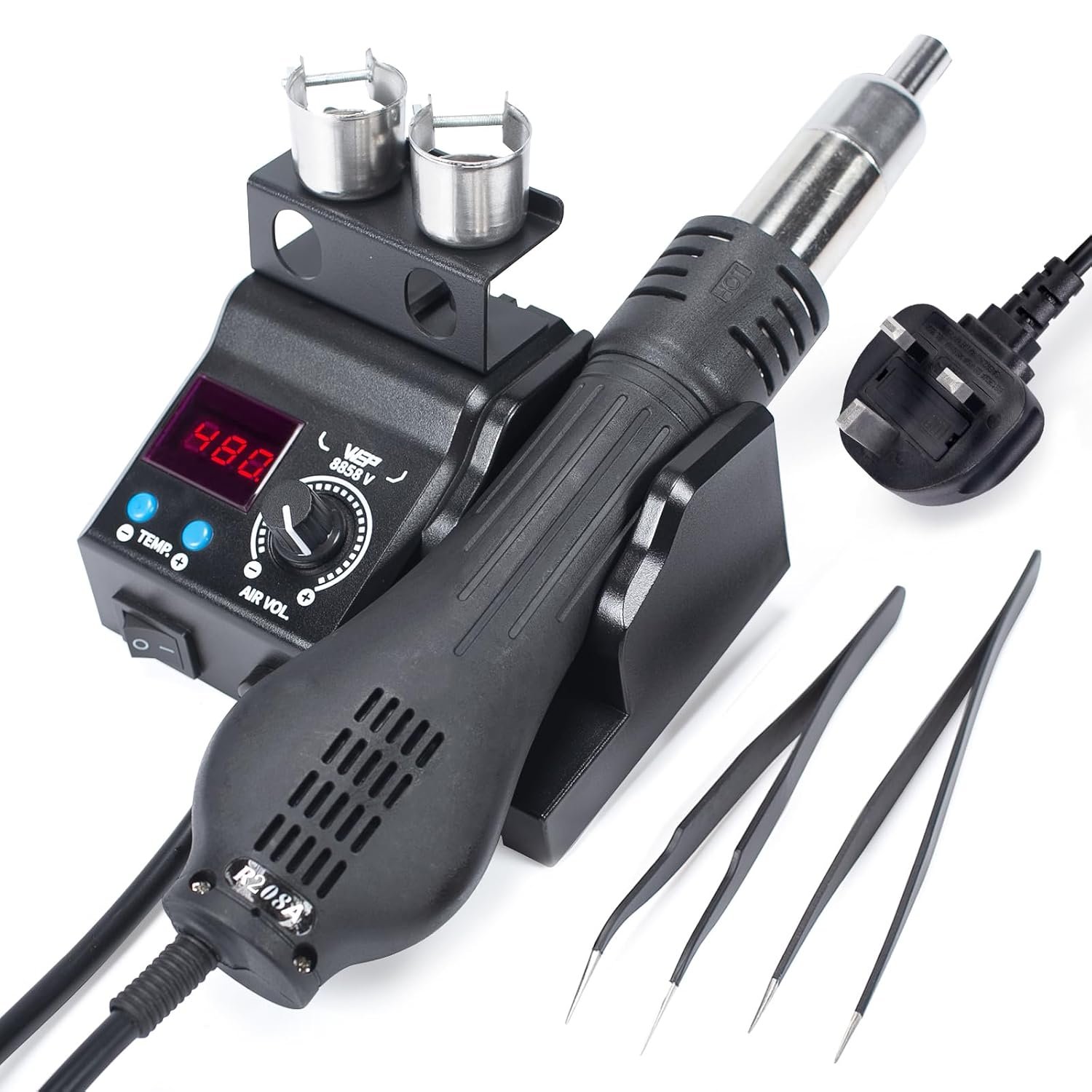 WEP 8858-V Hot Air Soldering Station Kit with Compact Size, Integrated Nozzle Holder, 3 Nozzles, 2 Tweezers, Adjustable Temperature& Air Volume, PID Program, °C/°F Conversion and More (UK Plug)