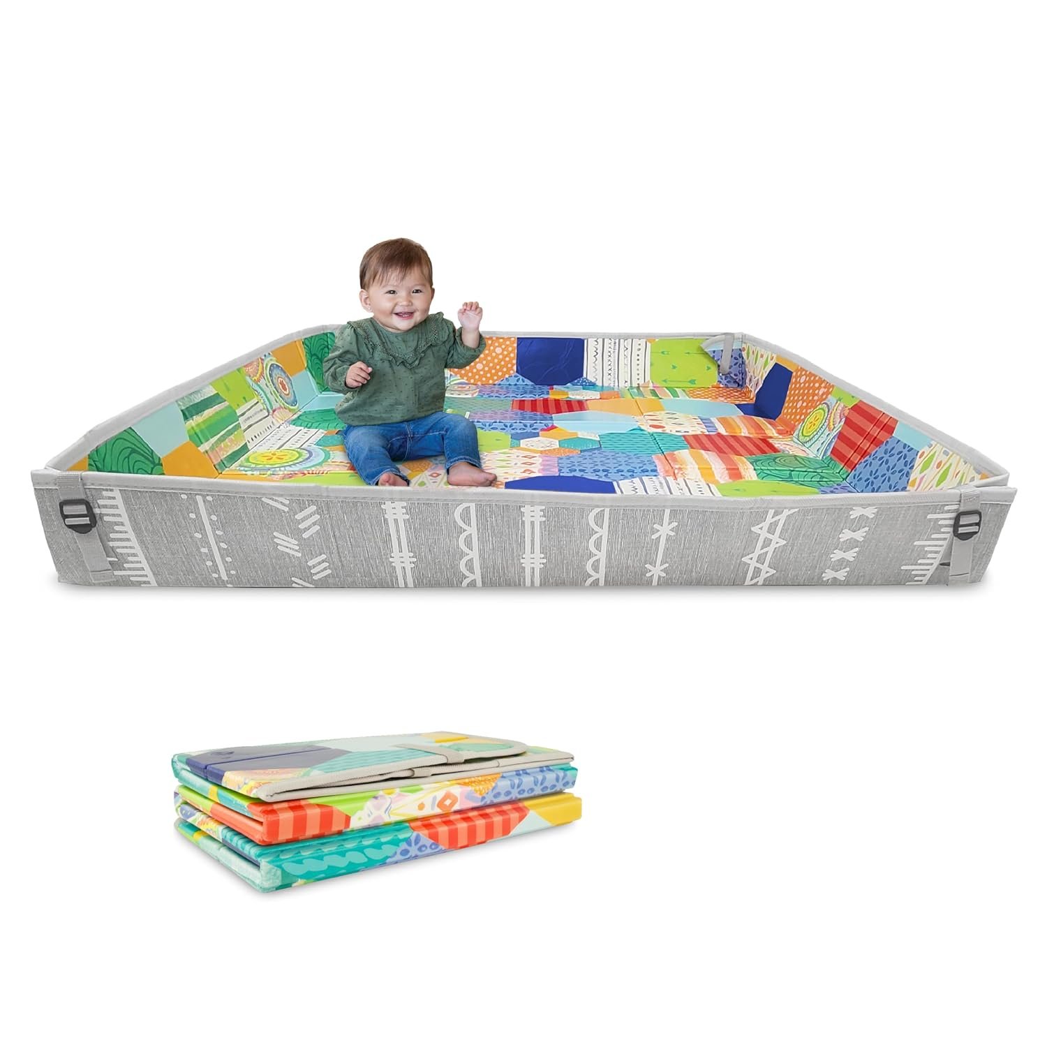 Infantino Foldable Soft Foam Mat, Extra Large Double-Sided Cushioned Portable Play Mat with Fold-Up Sides, Non Slip Crawling & Playing for Infants and Toddlers, Multicolor