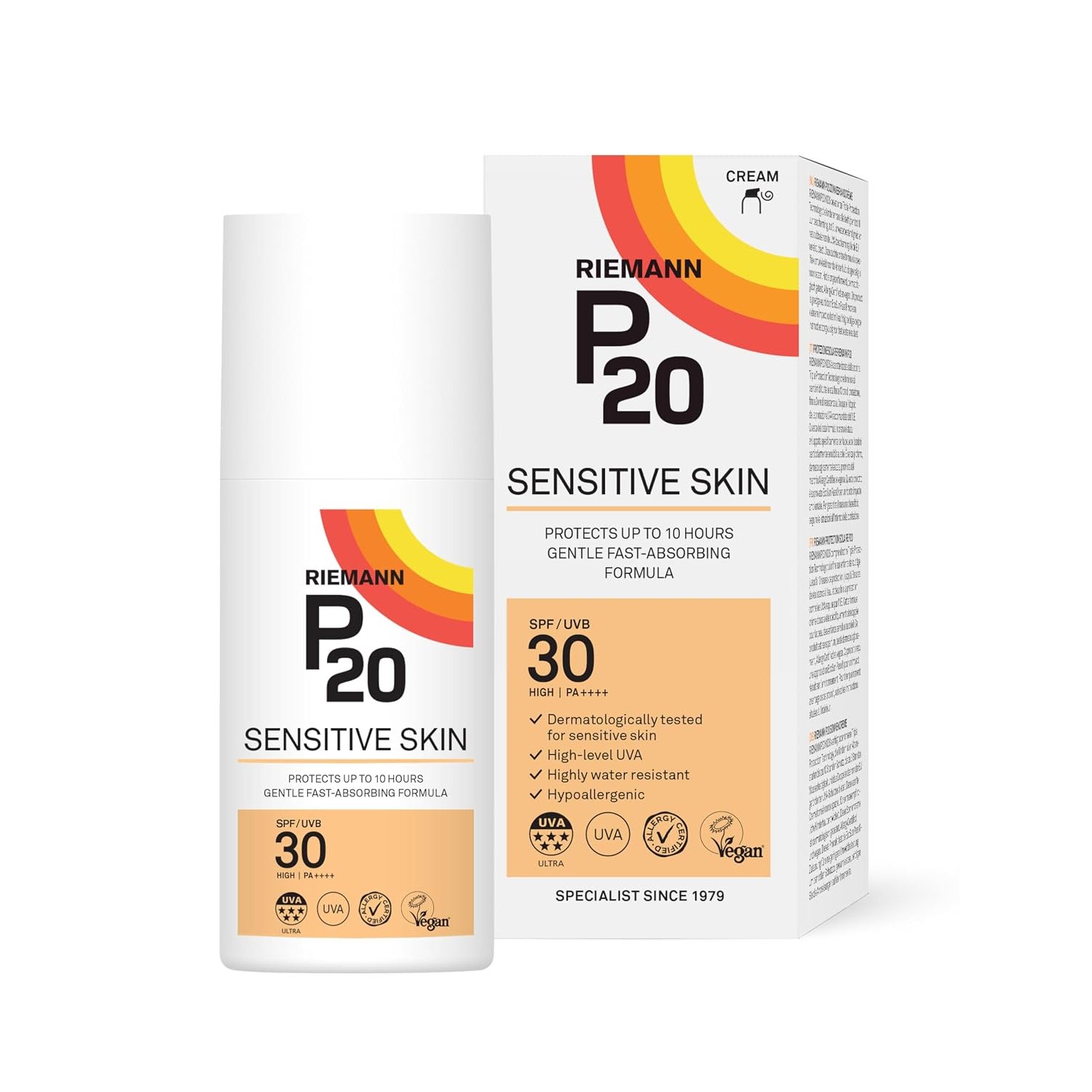RIEMANN P20 SPF30 Sensitive Sun Cream 200ml, High Level UVA Protection for up to 10 Hours, Allergy Certification, Water Resistant, Durable & Long Lasting, Sweat Resistant