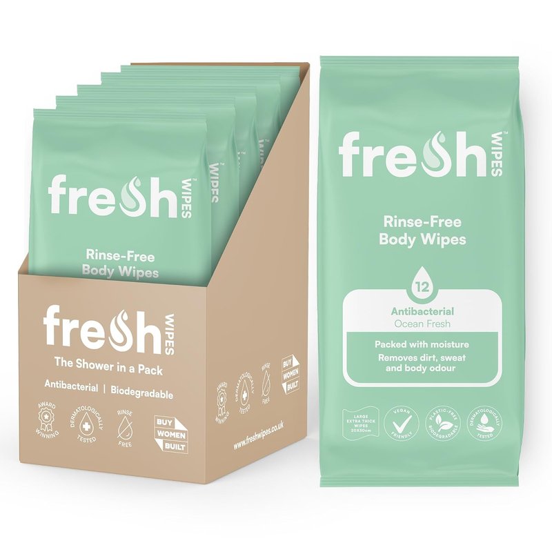 FreshWipes Antibacterial Body Wet Wipes For Adults 5 Pack (60 Wipes) - Ocean Fresh Scent - Extra Large Biodegradable - Dermatologically Tested & Suitable for Elderly or Disabled - Great for Camping