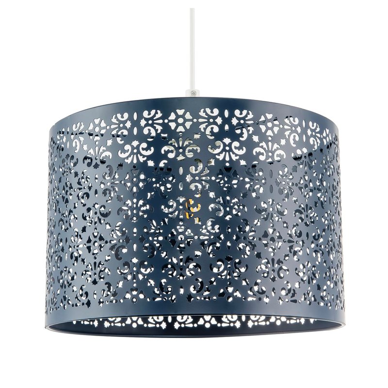 Unique Moroccan Designed Navy Midnight Blue Metal Circular Pendant Light Shade with Floral Decor | 30cm Diameter | Maximum 11watt LED Allowed by Happy Homewares