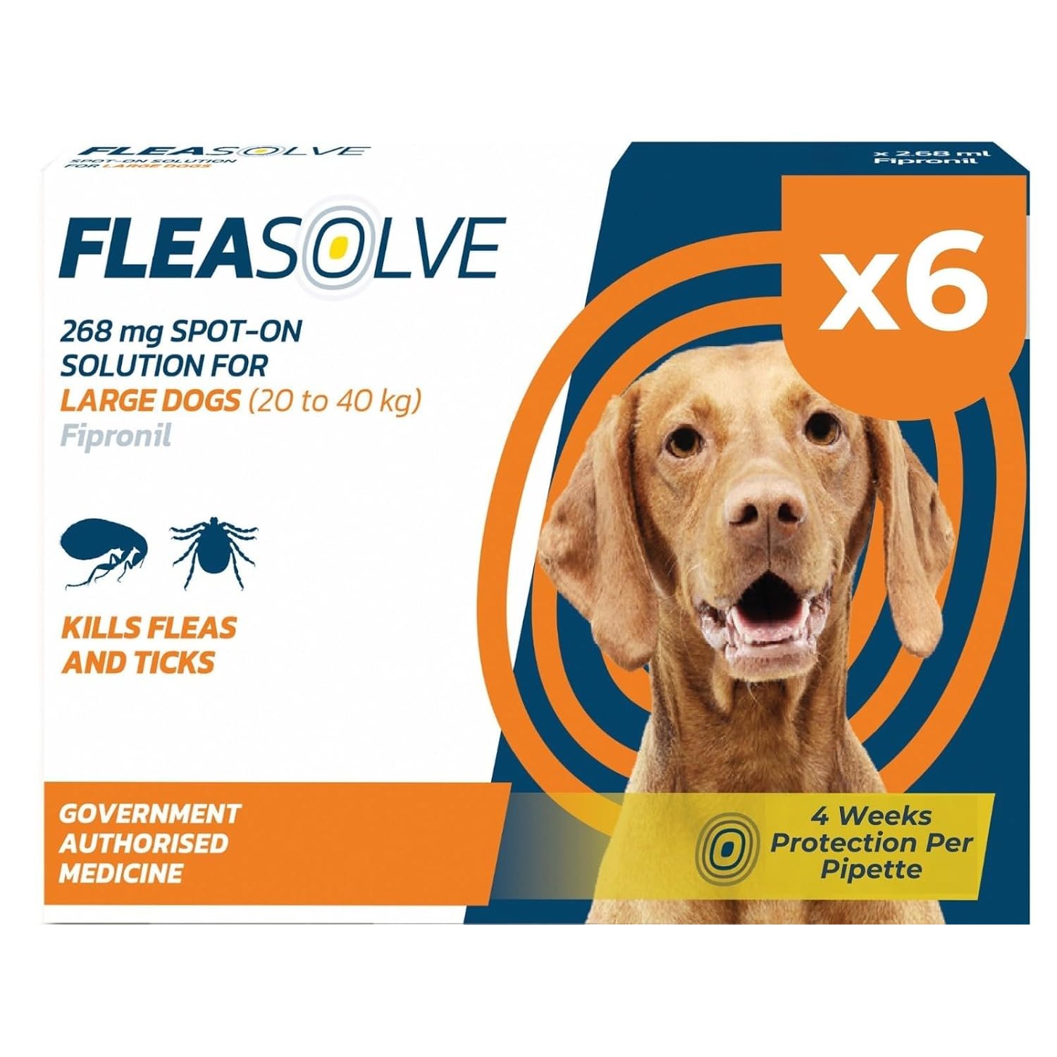 Dog Flea Treatment Large Dog x 6 - Spot on Flea Treatment for Dogs Large 20-40 kg - FleaSolve 6 Pipettes, 6 Doses - Effective Spot-On Treatment