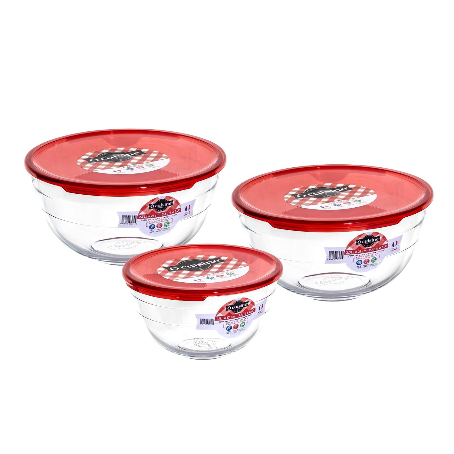 Ocuisine Ôcuisine® Glass Round Mixing Bowl Set with Red Lids | Extreme Resistance | Oven Safe - Freezer Safe - Microwave Safe | Borosilicate Glass | Made in France Prep & Store (Set of 3-1L & 2 x 2L)
