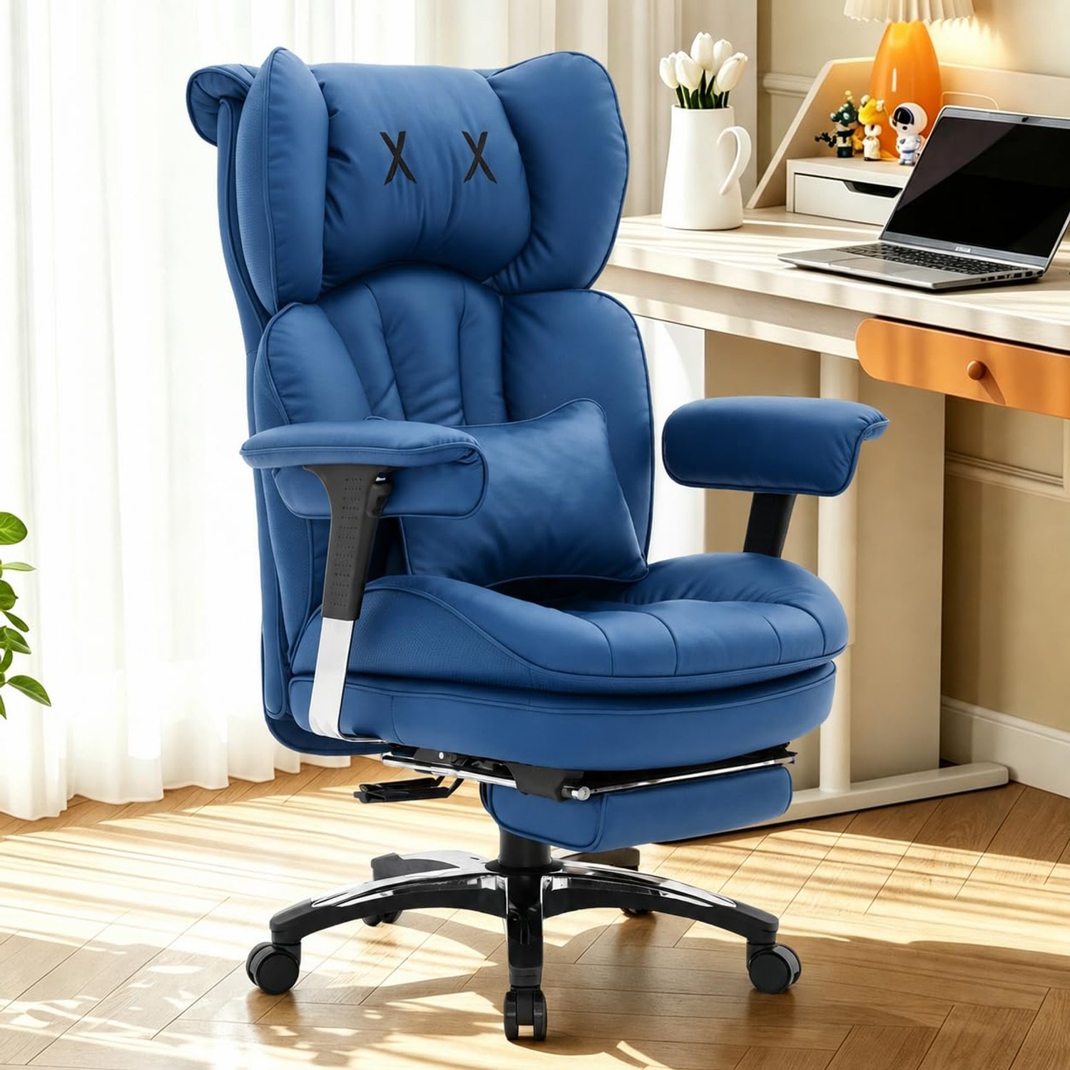 Efomao Desk Office Chair, Heavy Duty 200kg Big and Tall Executive Computer Chair, Unique XX Embroidery Ergonomic High Back PU Leather Chair with Retractable Footrest, Blue